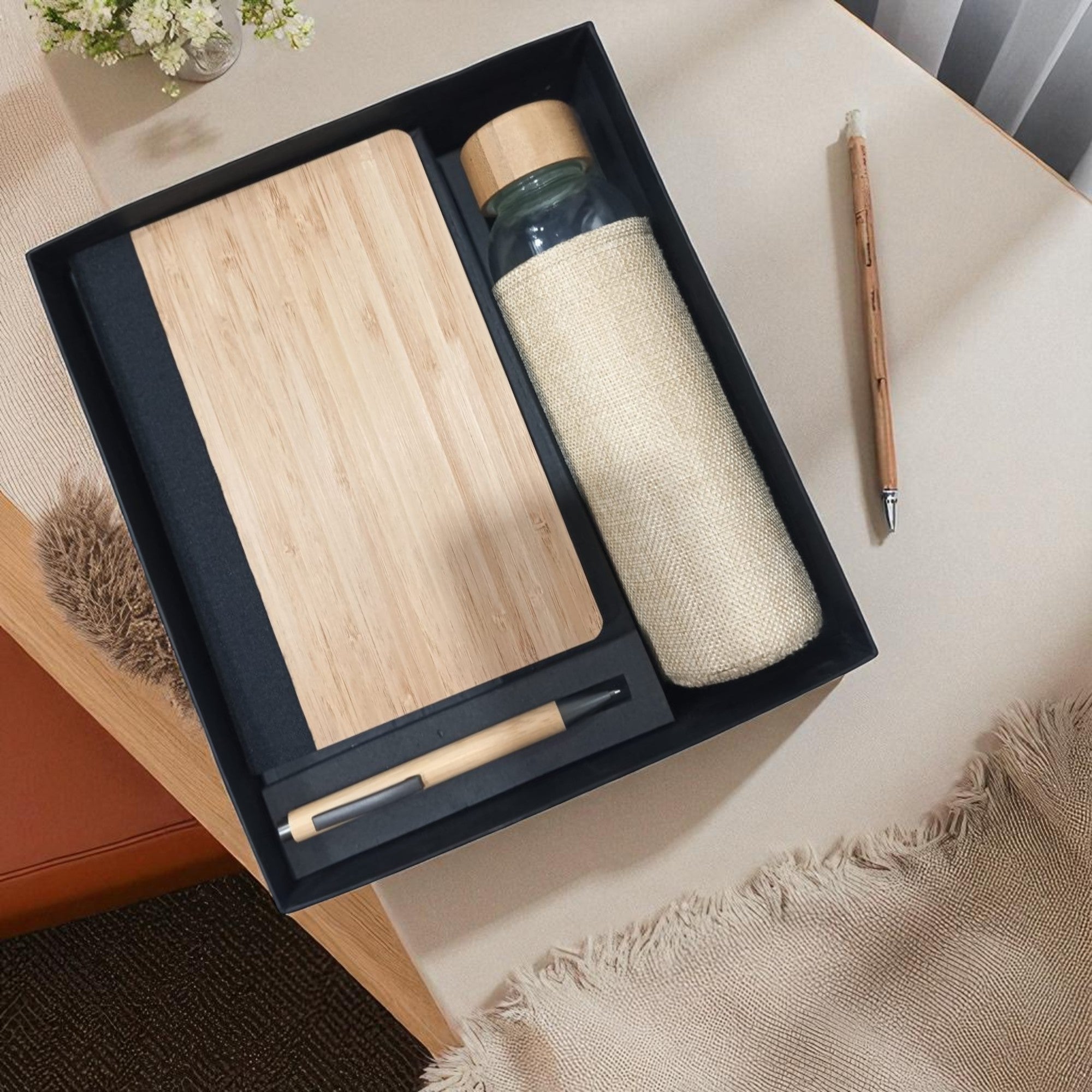 Shayona Premium Eco-Friendly Gift Set – Wooden Notebook, Wrapped Glass Water Bottle & Wooden Pen in Elegant Black Gift Box