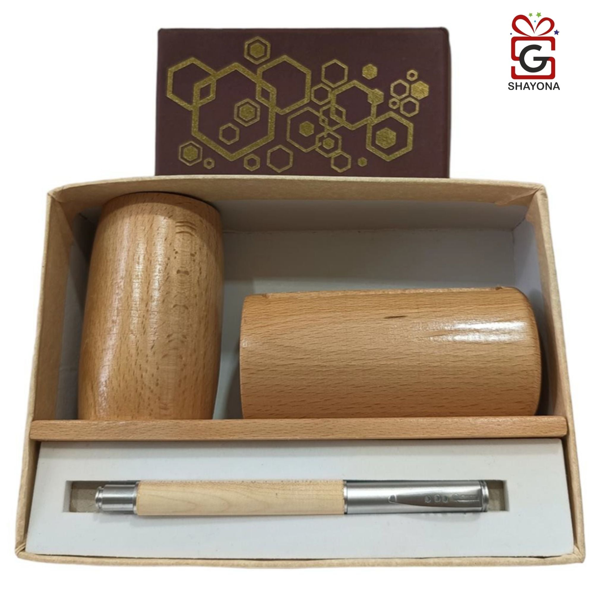 Shayona Wooden pen stand with pen.