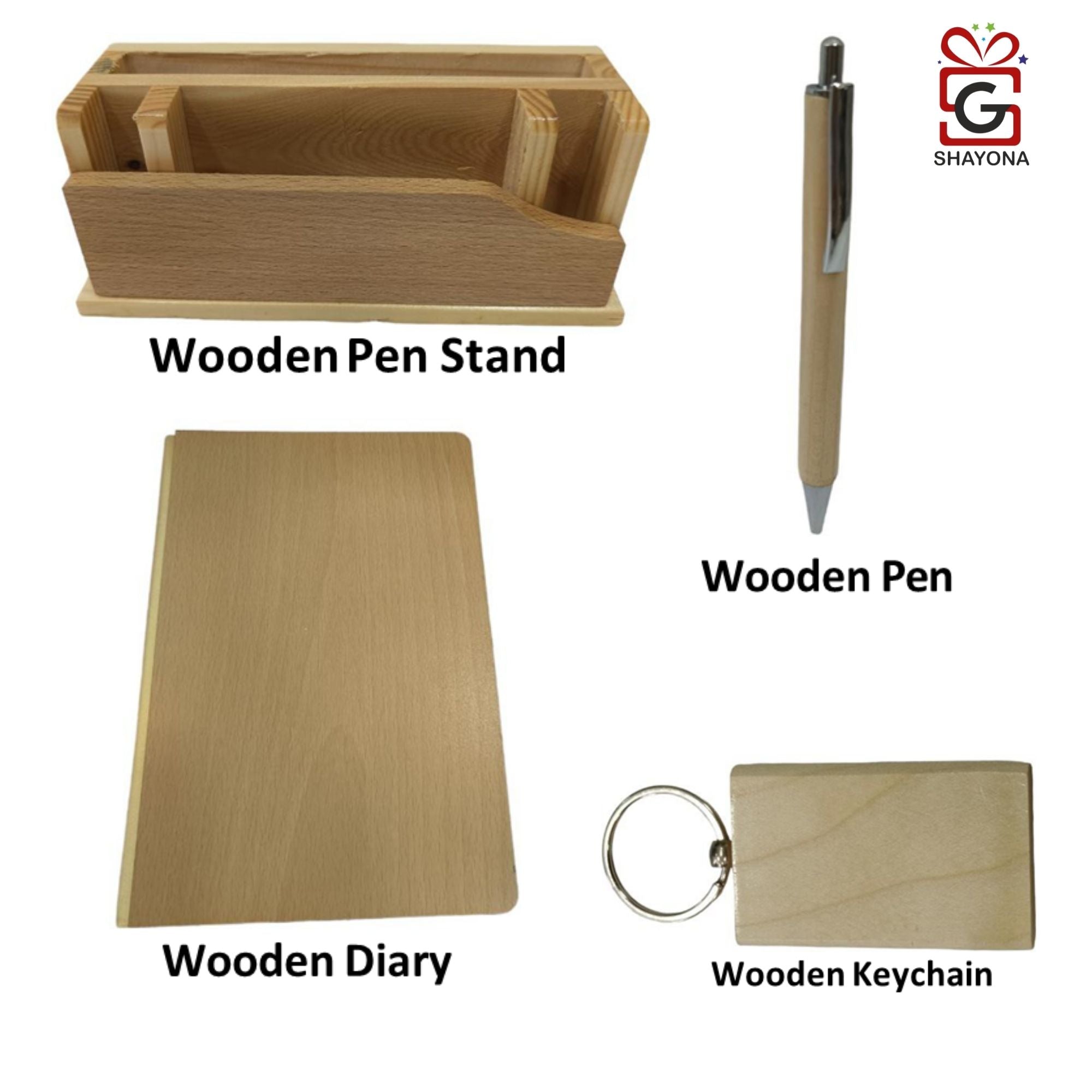 Shayona Wooden diary pen and keychain desk organizer set.