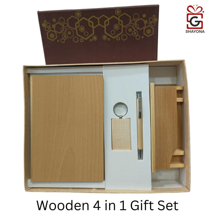 Shayona Wooden diary pen and keychain desk organizer set.