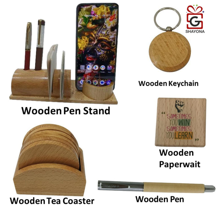 Shayona Wooden tea coaster paper weight pen and keychain desk organizer set.