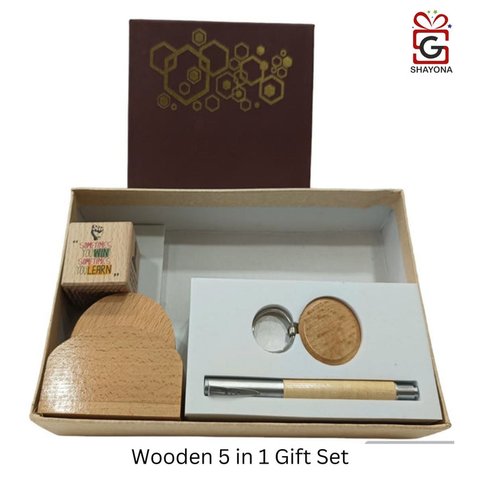 Shayona Wooden tea coaster paper weight pen and keychain desk organizer set.