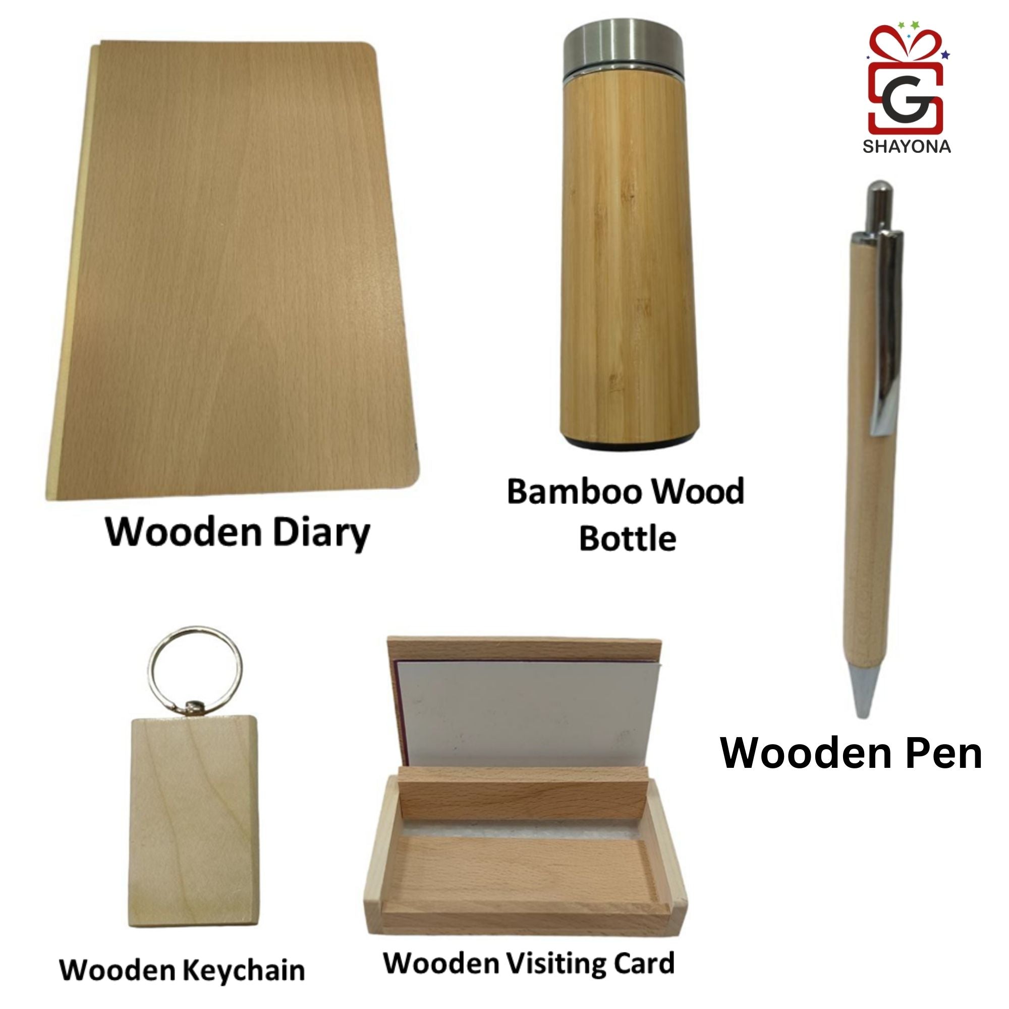 Shayona Wooden diary pen keychain visiting card holder and Bottle set.