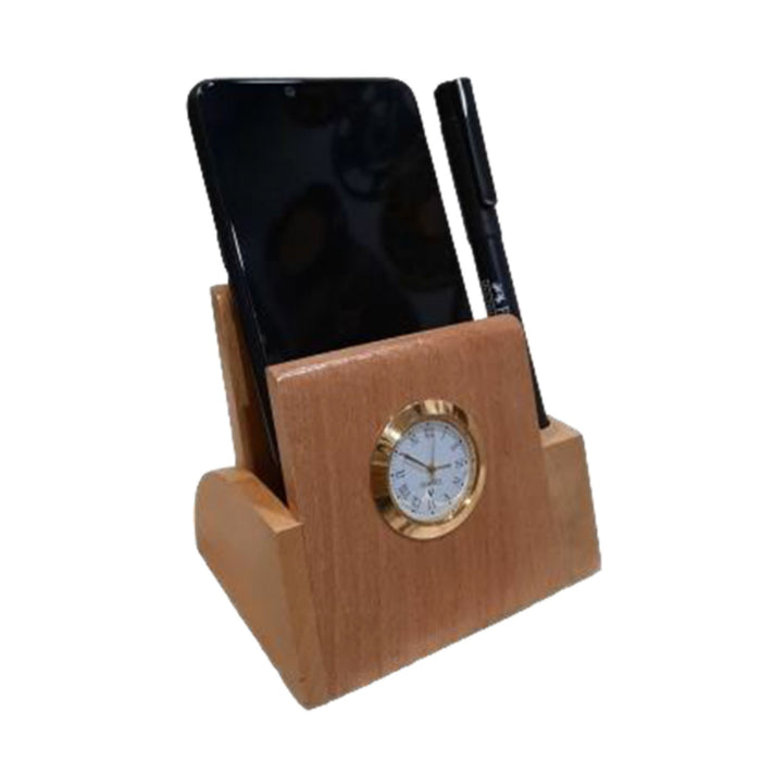 Shayona Wooden Mobile And Pen Stand with clock, For Office Desktop DW 9559 W