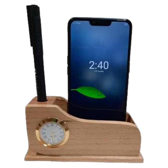 Shayona Wooden Mobile And Pen Stand With Clock, For Office Desktop DW 9516