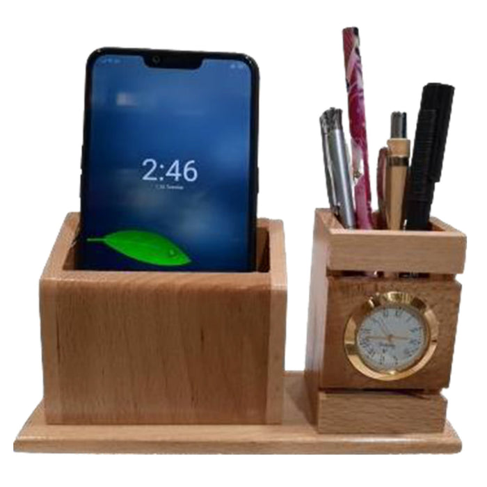 Shayona Wooden Mobile And Pen Stand With Clock, For Office Desktop DW 1200