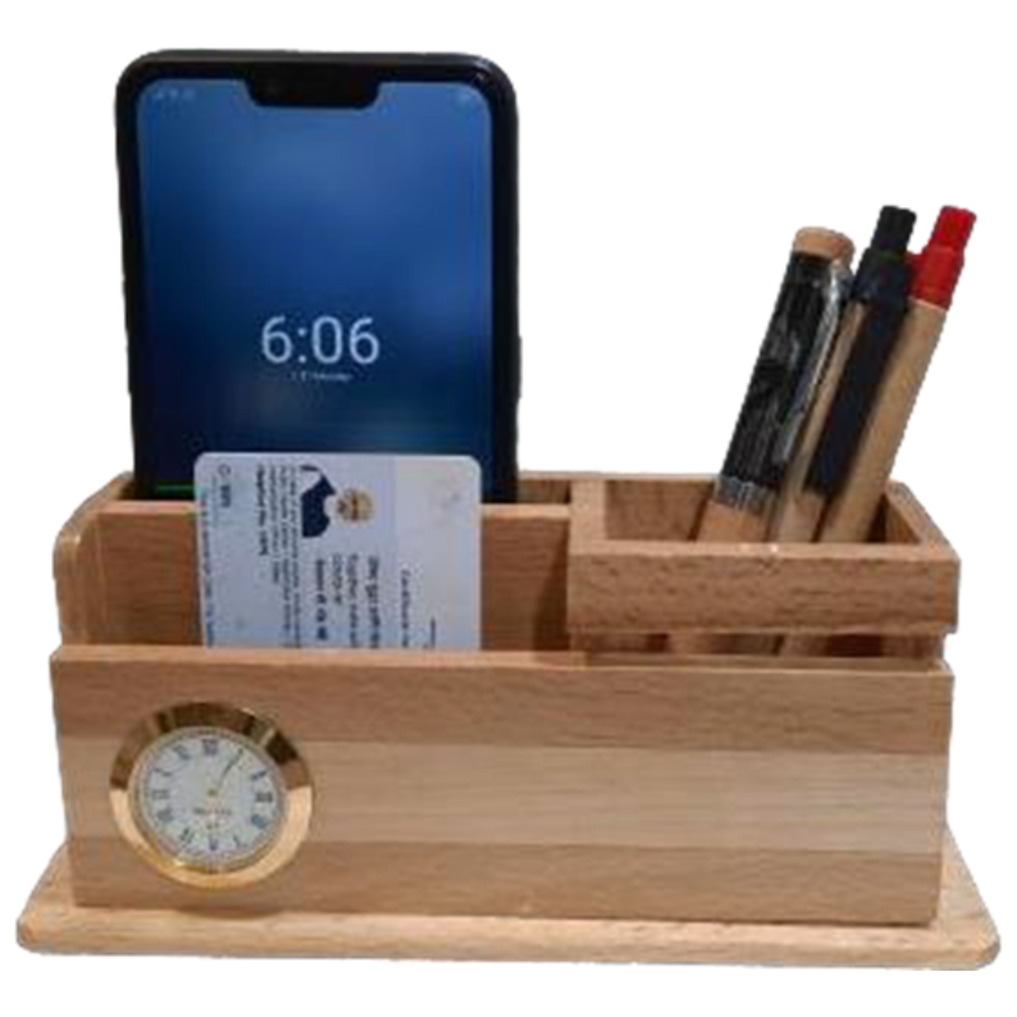 Shayona Wooden Mobile And Pen Stand With Clock, For Office Desktop DW 1401