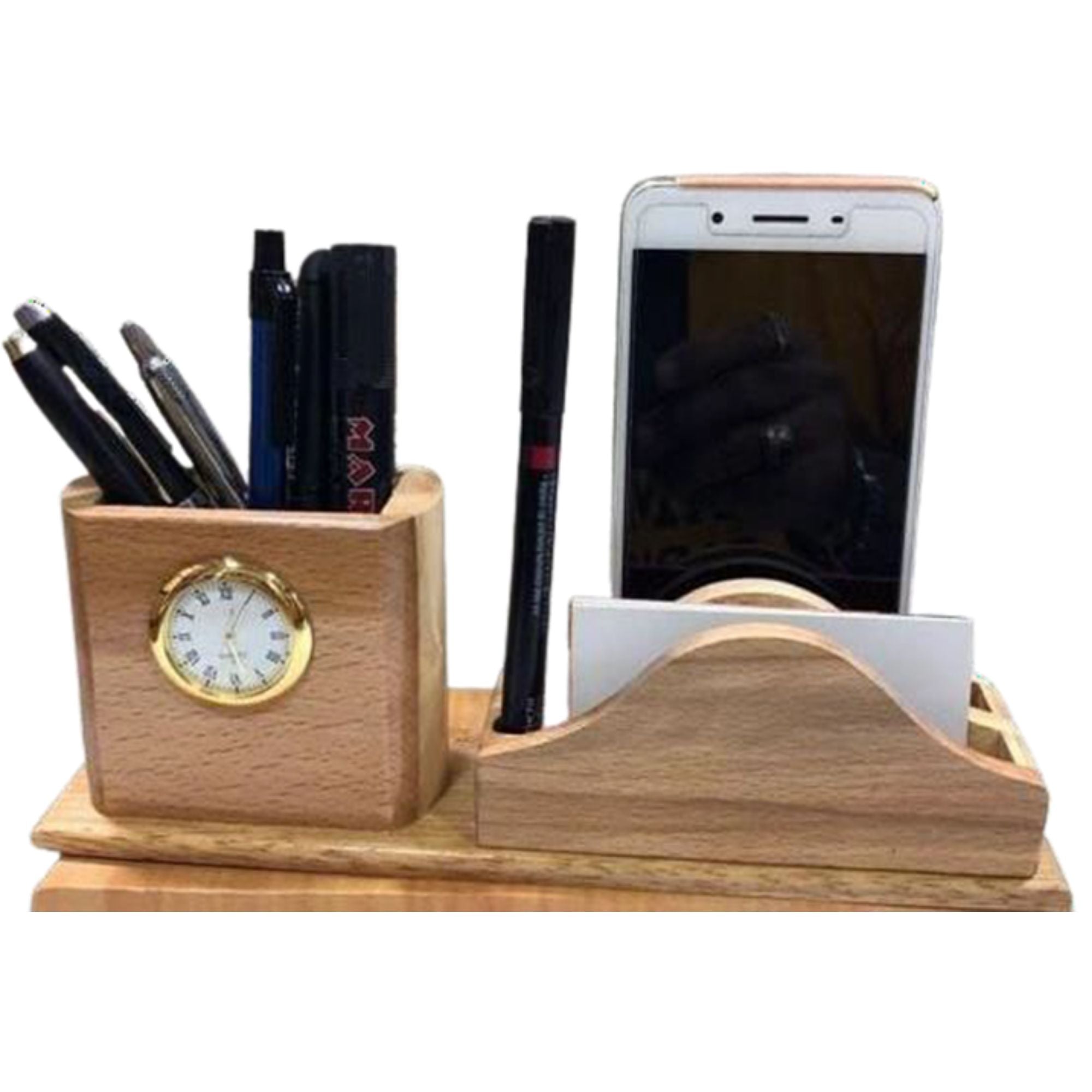 Shayona Wooden Mobile And Pen Stand With Clock, For Office Desktop DW 1304