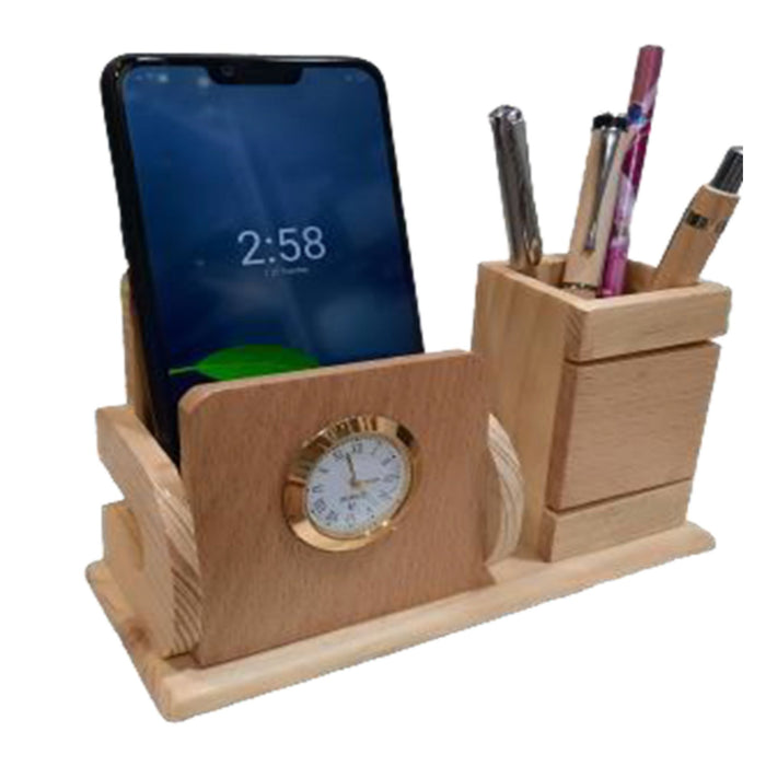 Shayona Wooden Mobile And Pen Stand With Clock, For Office Desktop DW 1256