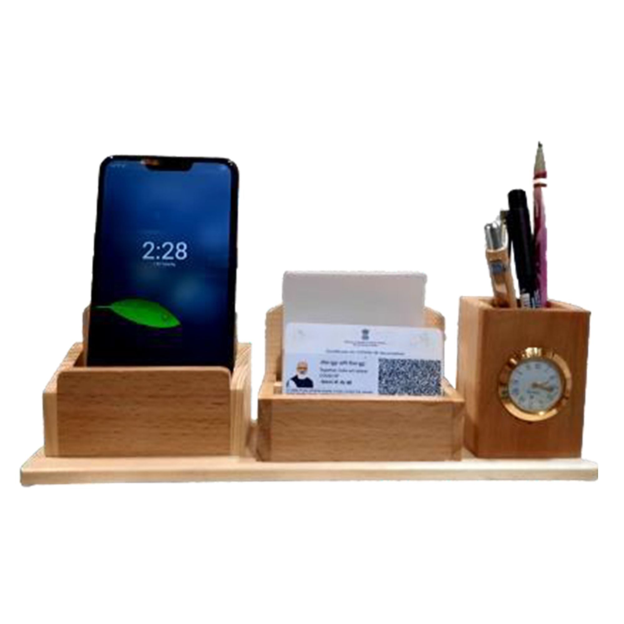 Shayona Wooden Mobile And Pen Stand With Clock, For Office Desktop DW 1558