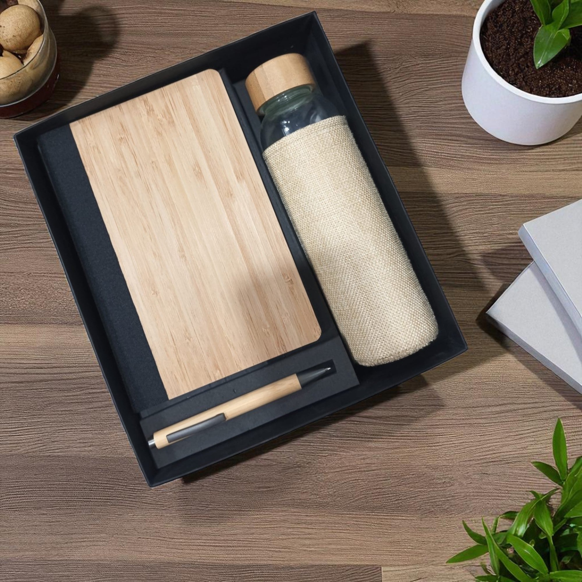 Shayona Premium Eco-Friendly Gift Set – Wooden Notebook, Wrapped Glass Water Bottle & Wooden Pen in Elegant Black Gift Box