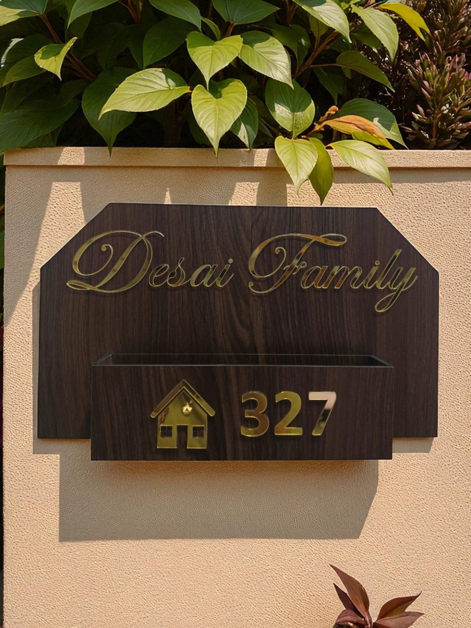 Shayona Customized Premium Dark Wood Family Name Plate with Gold 3D Acrylic Letters & Planter Box/Storage
