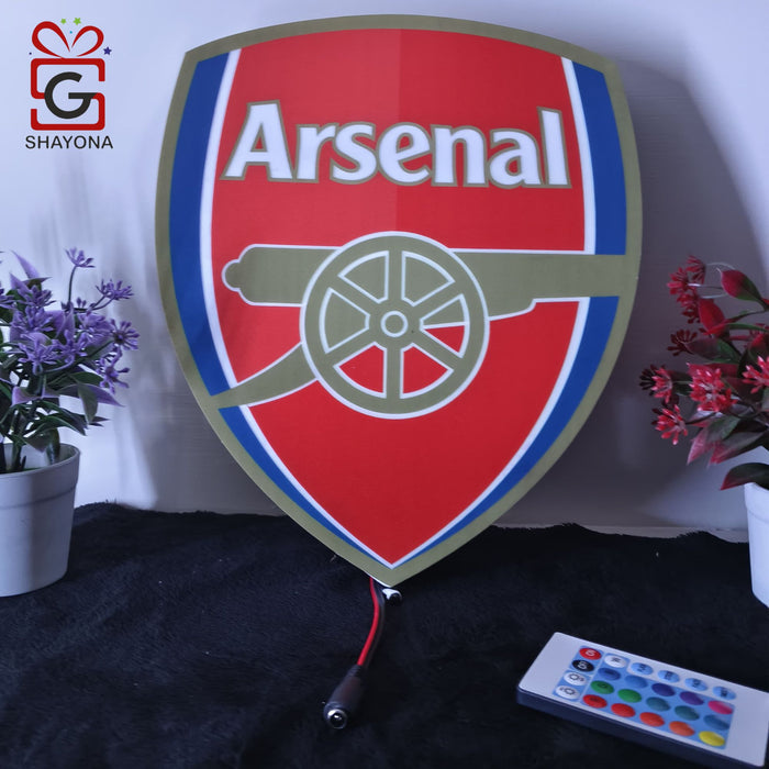 Shayona Wooden Handmade Arsenal FC LED Logo Luminous for Football Fan's 3D LED Night Lamp Multicolor Decorative Wall Design Led Wooden Logo Lights for Home Office Bedroom (multicolor)