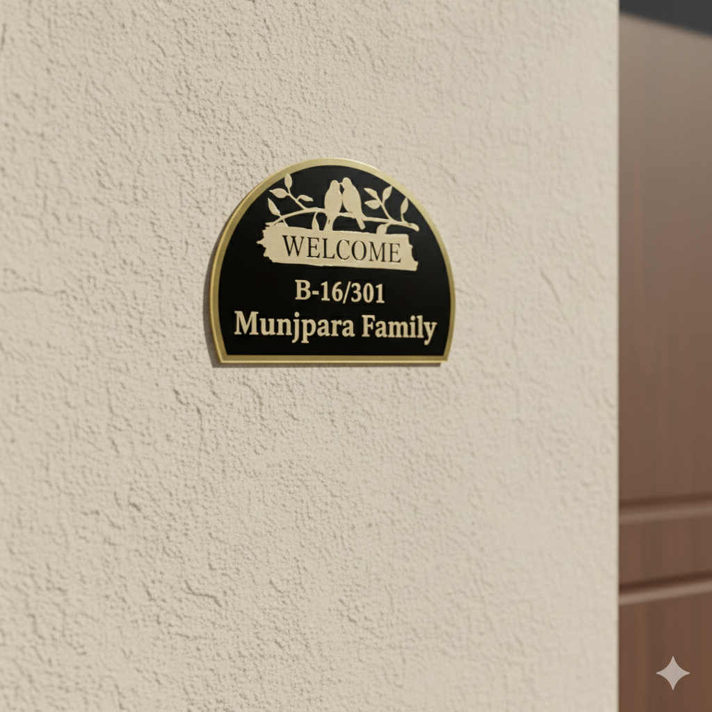 Shayona Customized Black & Gold Arc Name Plate | Love Birds Welcome Sign with House Number & Family Name