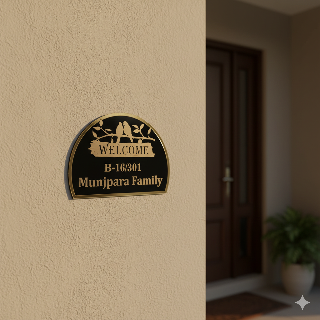 Shayona Customized Black & Gold Arc Name Plate | Love Birds Welcome Sign with House Number & Family Name