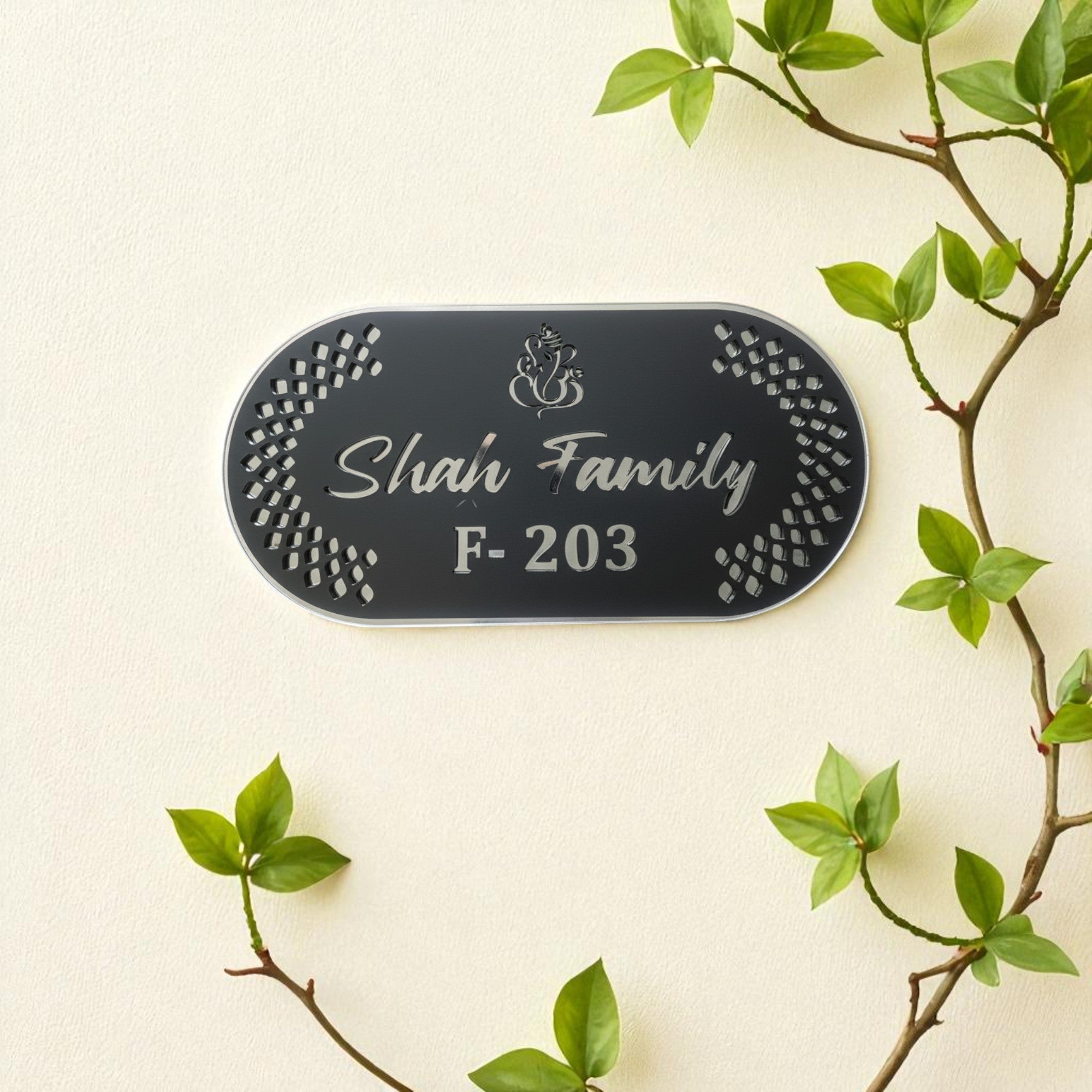 Shayona Personalized Acrylic Name Plate with Ganesh Design – Custom Family Name & House Number"