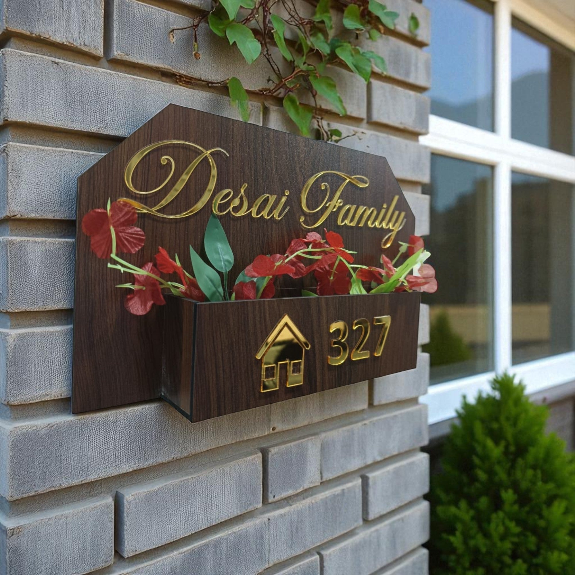 Shayona Customized Premium Dark Wood Family Name Plate with Gold 3D Acrylic Letters & Planter Box/Storage