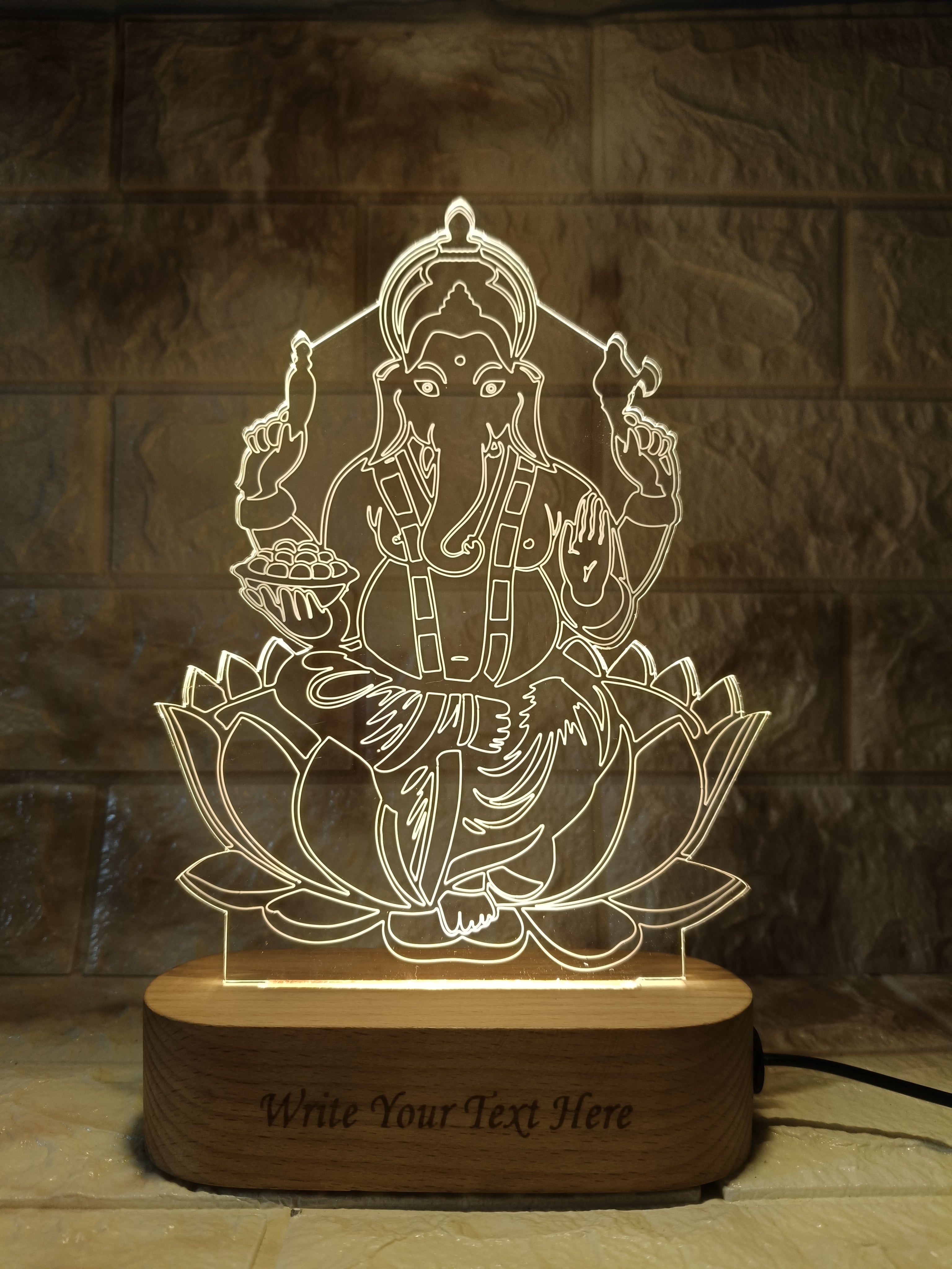 shayona Lord Ganesha LED Acrylic Lamp | Personalized Engraving | Wooden Base Night Light