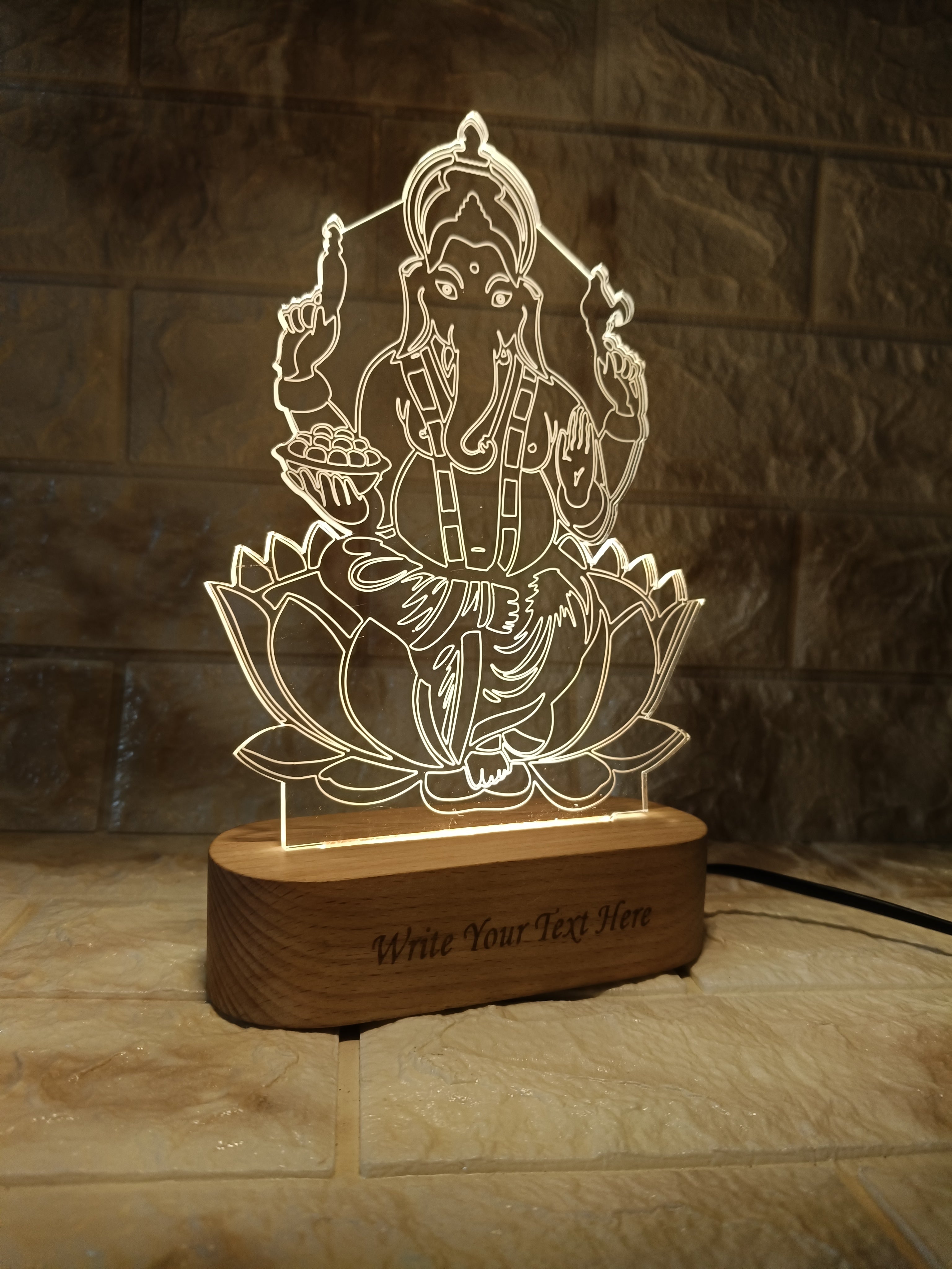 shayona Lord Ganesha LED Acrylic Lamp | Personalized Engraving | Wooden Base Night Light