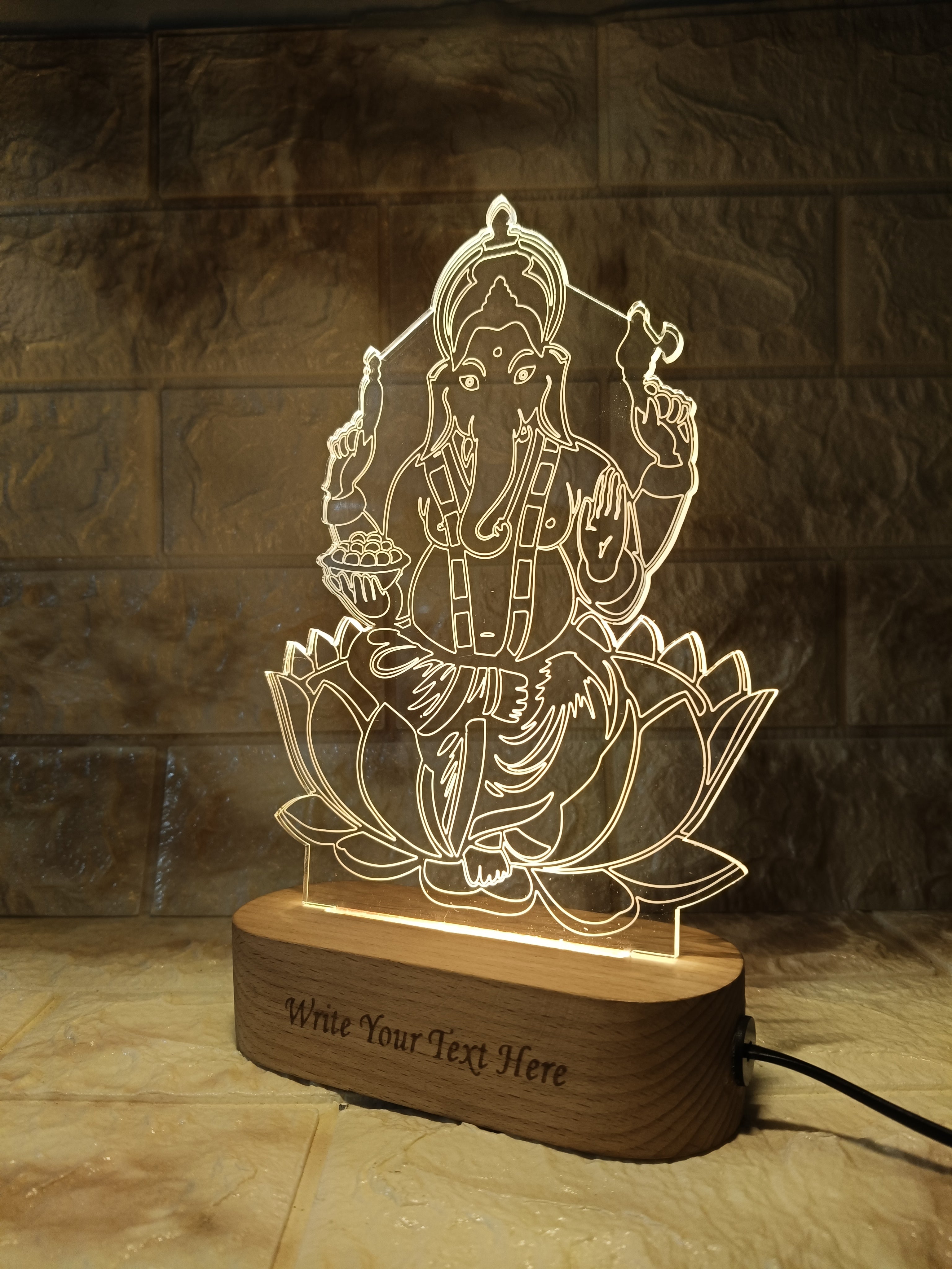 shayona Lord Ganesha LED Acrylic Lamp | Personalized Engraving | Wooden Base Night Light