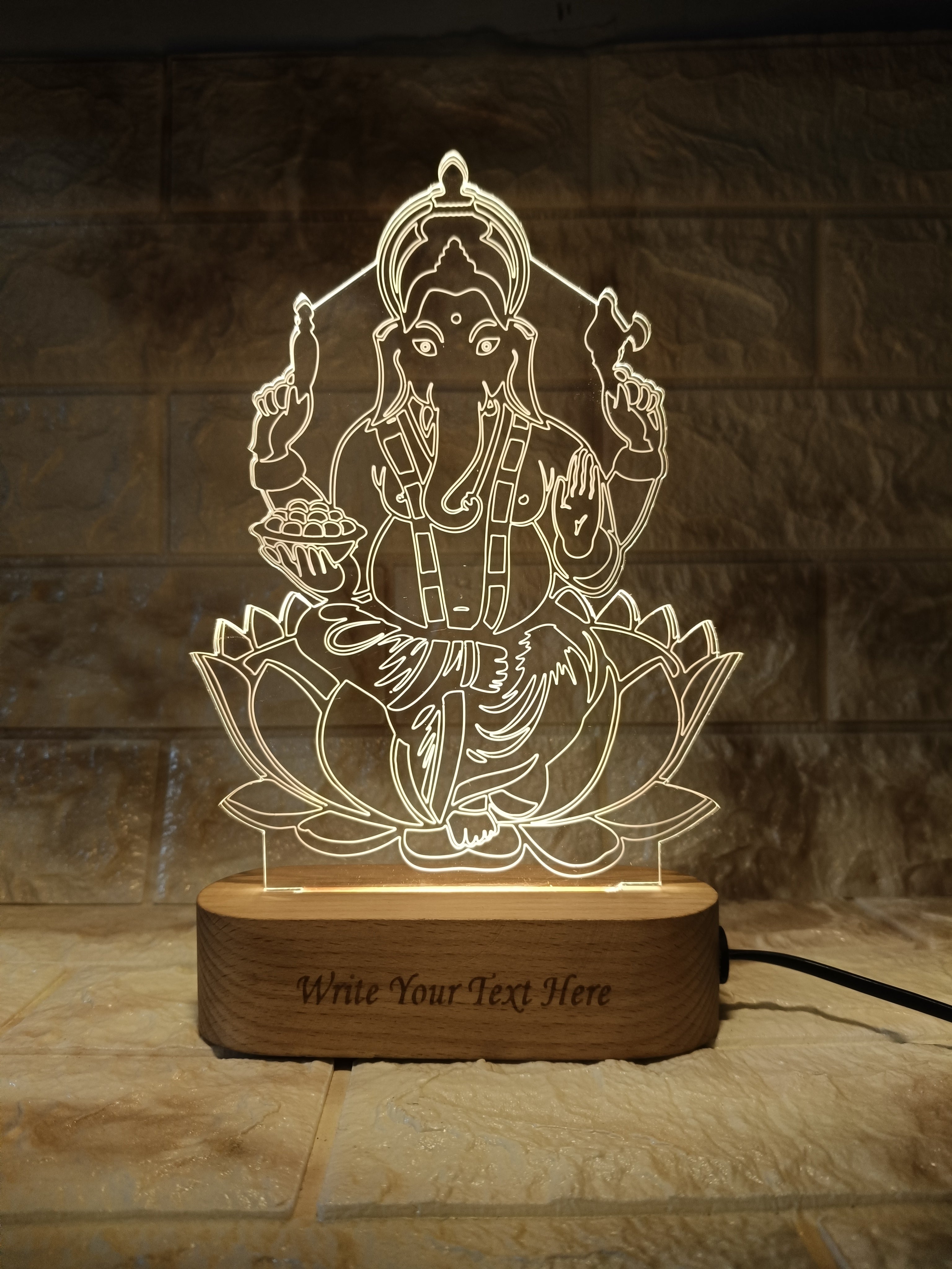 shayona Lord Ganesha LED Acrylic Lamp | Personalized Engraving | Wooden Base Night Light