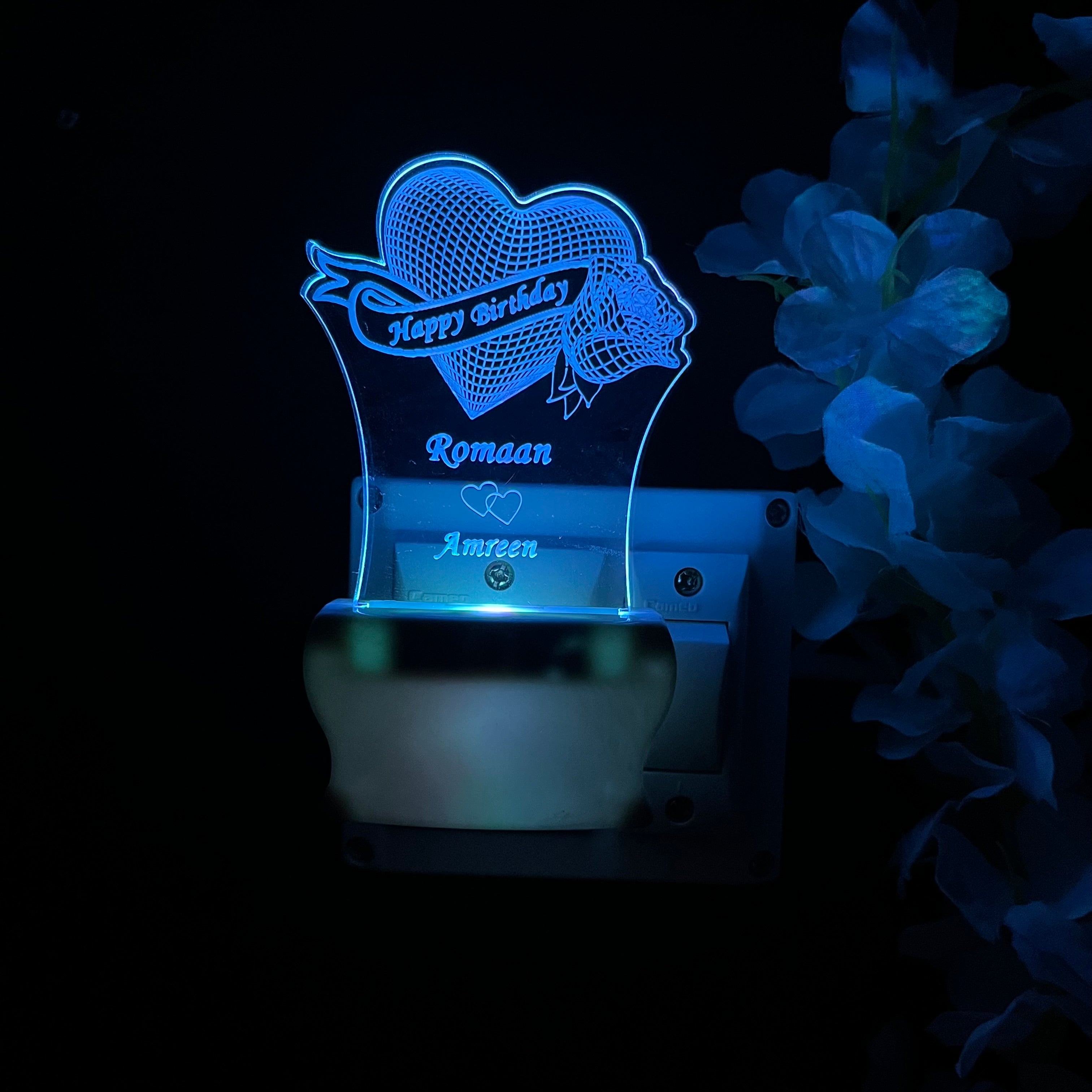 Personalised Couple Name and Date Heart Design LOVE Heart Plug in NIGHT Lamp