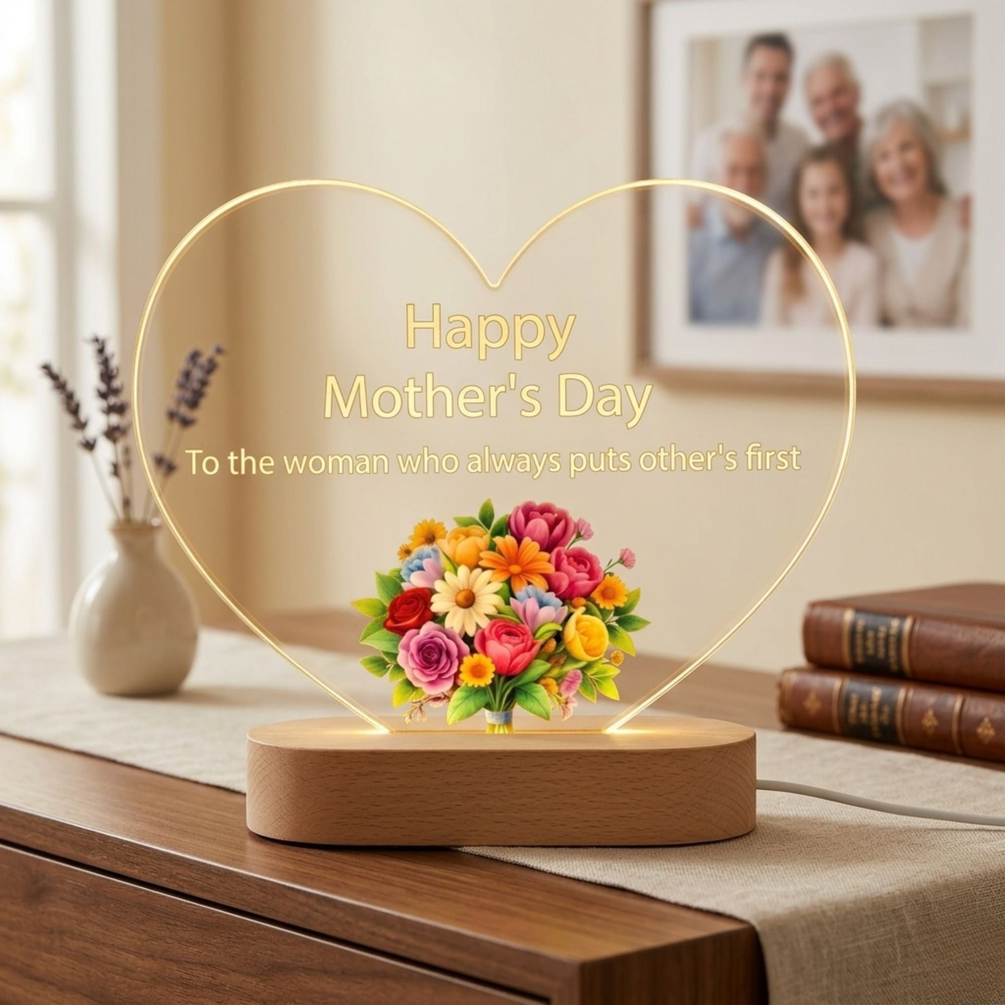 Shayona Gift Shop-Happy Mother’s Day LED Heart Lamp – Acrylic Night Light with Colorful Flower Design, Wooden Base Bedside Lamp, Warm Glow Decorative Light, Unique Gift for Mom, Mother’s Day Present, Home Décor Keepsake for Her