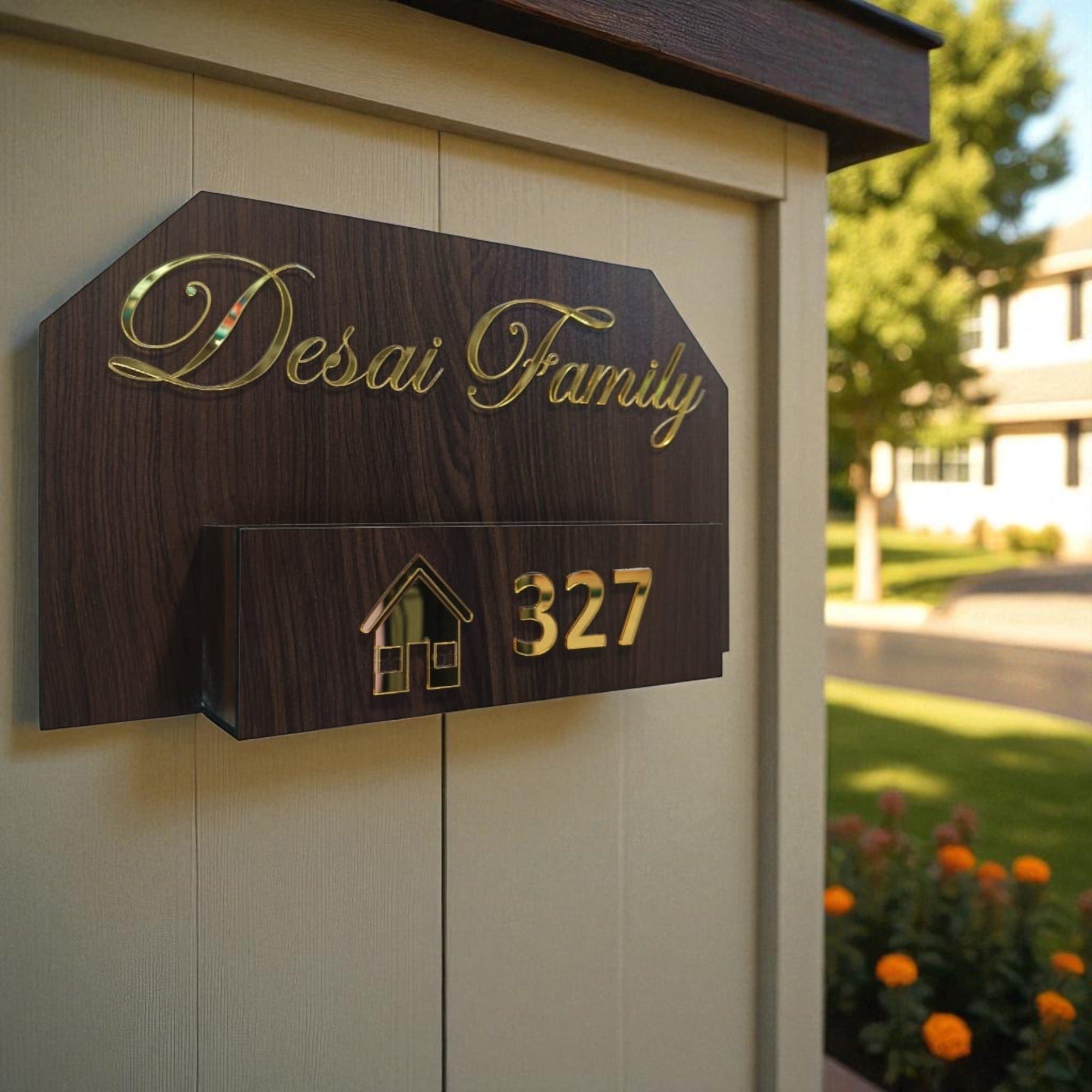 Shayona Customized Premium Dark Wood Family Name Plate with Gold 3D Acrylic Letters & Planter Box/Storage