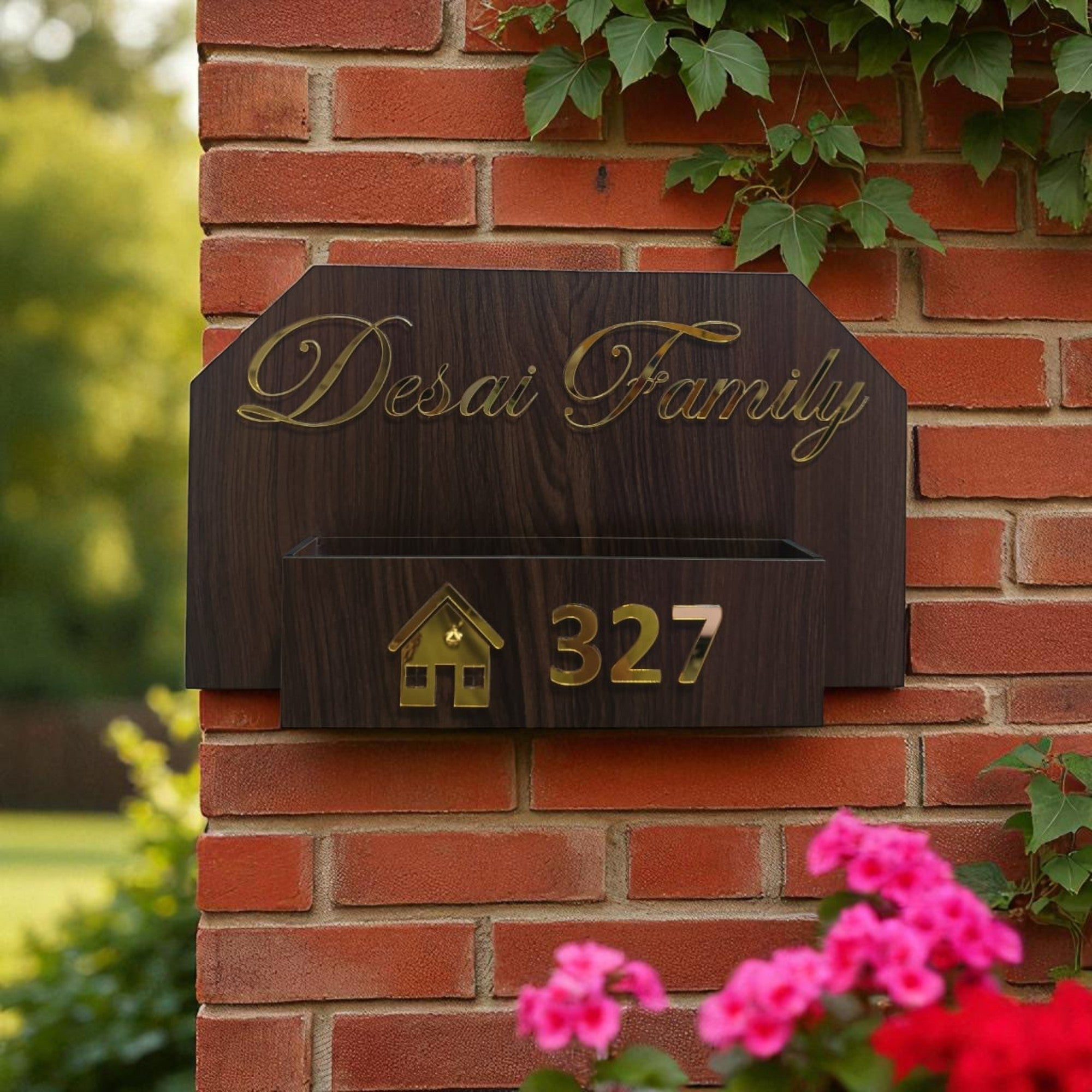 Shayona Customized Premium Dark Wood Family Name Plate with Gold 3D Acrylic Letters & Planter Box/Storage