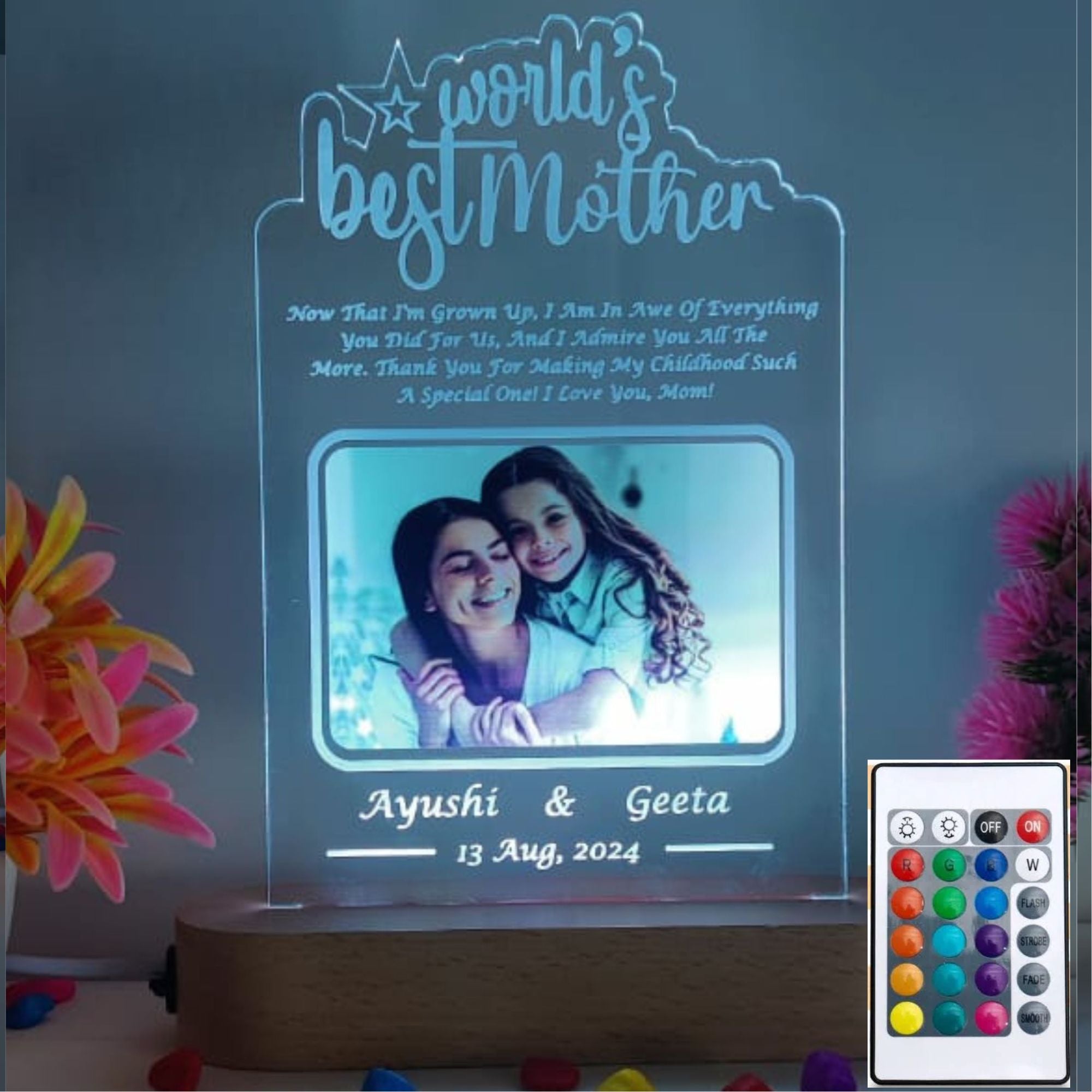 SHAYONA World Best Mother Personalized 3D Illusion LED Table Night Lamp Name Date and UV Print Photo Frame | Gift for Anniversary,Mother Day, Birthday- Multicolor with Remote