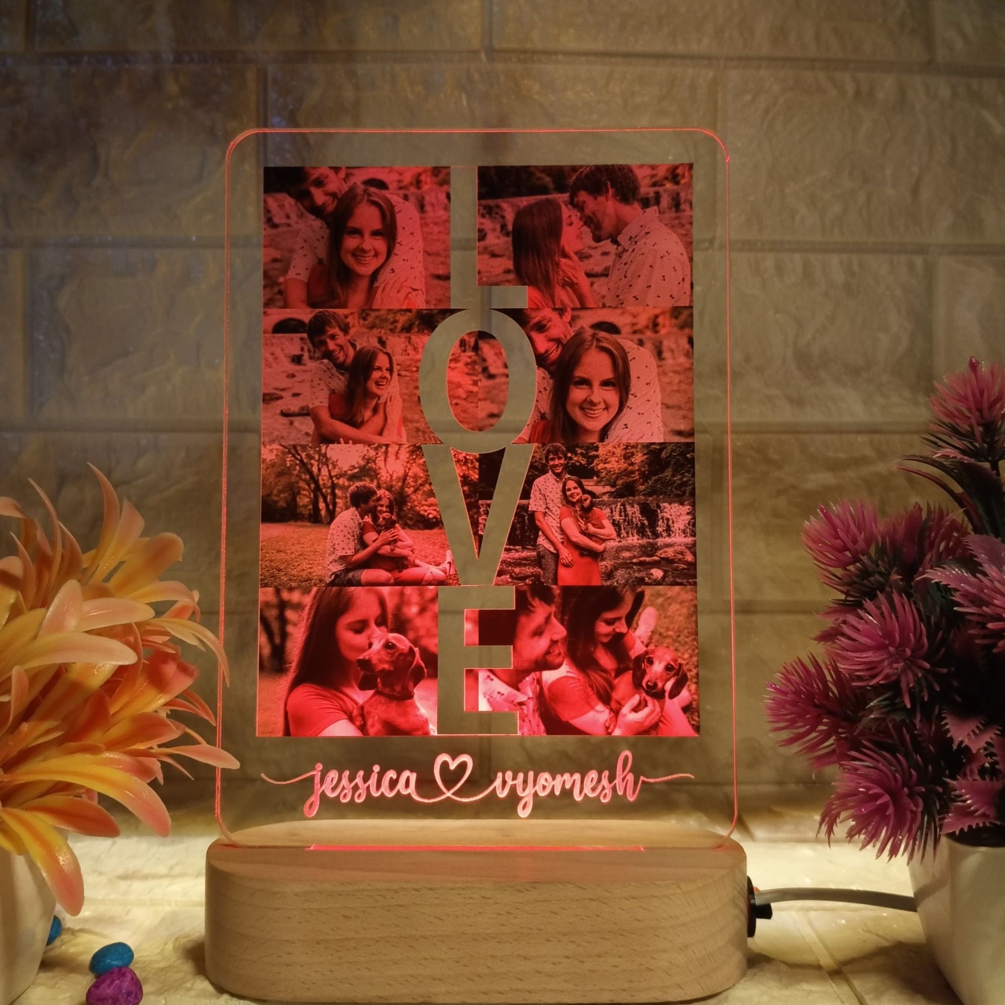 Shayona Personalized LOVE Photo Frame LED Lamp – Custom Couple Name & Photo Display – Romantic Anniversary, Wedding, Valentine’s Day Gift – Acrylic LED Light with Wooden Base