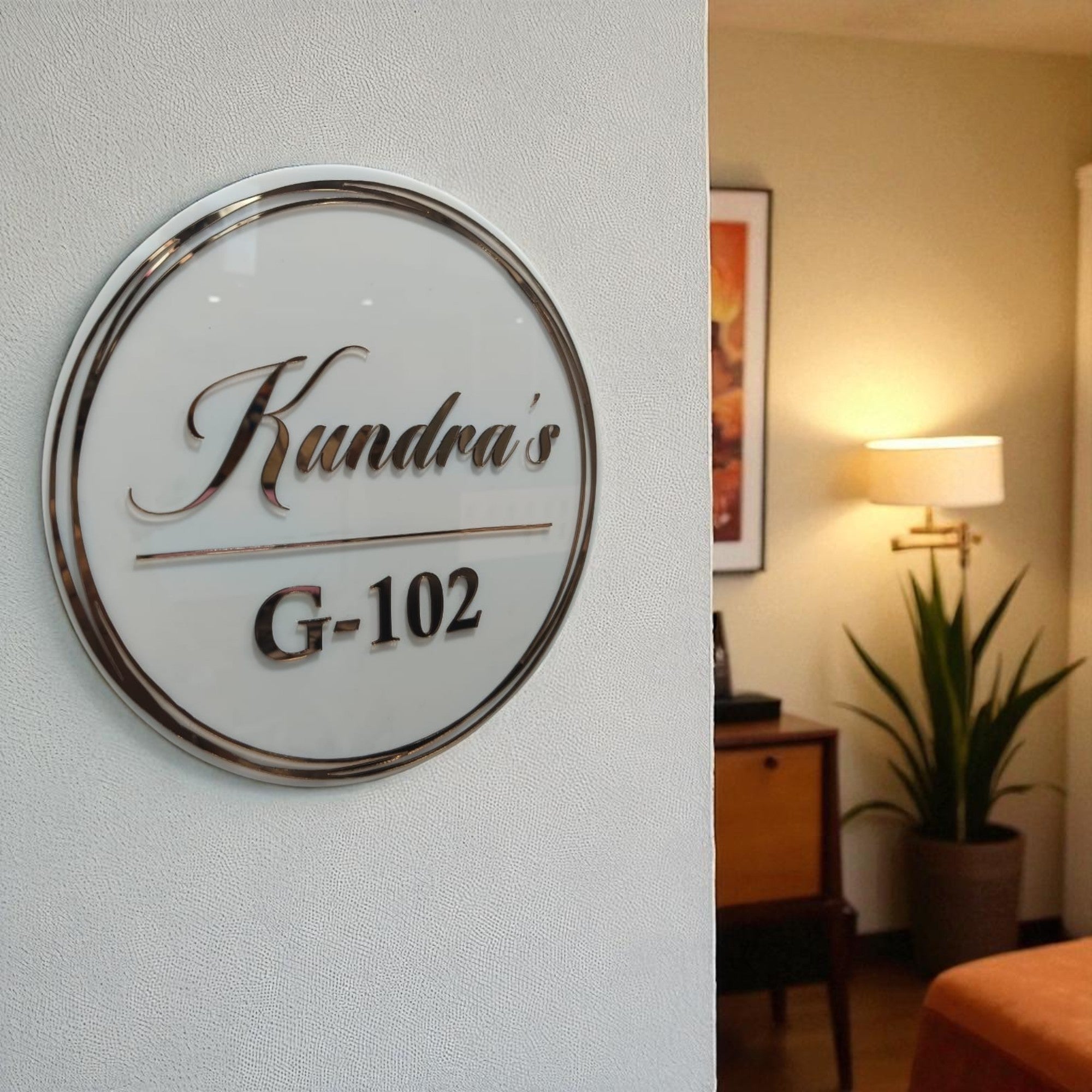 Shayona Customized Round White Acrylic Name Plate with 3D Silver Letters & Chrome Border for Home/Flat