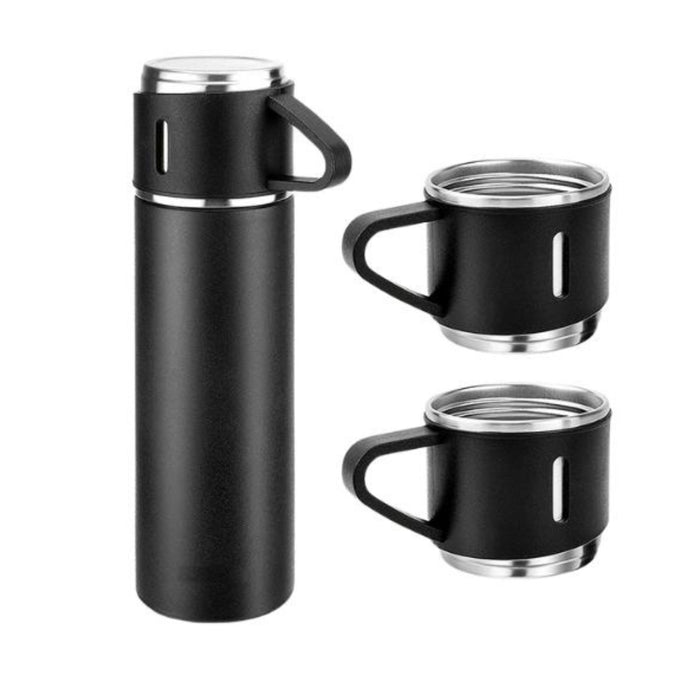 Shayona Stainless Steel Black Vacuum Flask With 2 Cups Gift Set, For Office