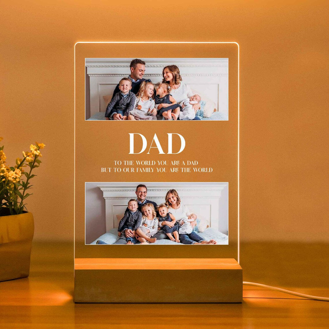 Shayona Personalized LED Acrylic Photo Frame for Dad | Double Photo | Wooden Base | Warm Light Gift for Father’s Day & Birthday