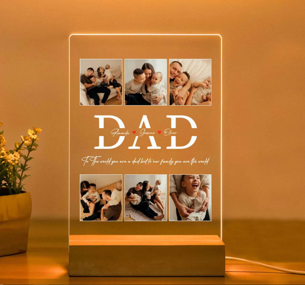SHAYONA Custom LED Acrylic Night Light for Dad – Personalized 6-Photo Collage with Engraved Names & Quote – Unique Gift for Father’s Day, Birthday, or Christmas from Kids & Family