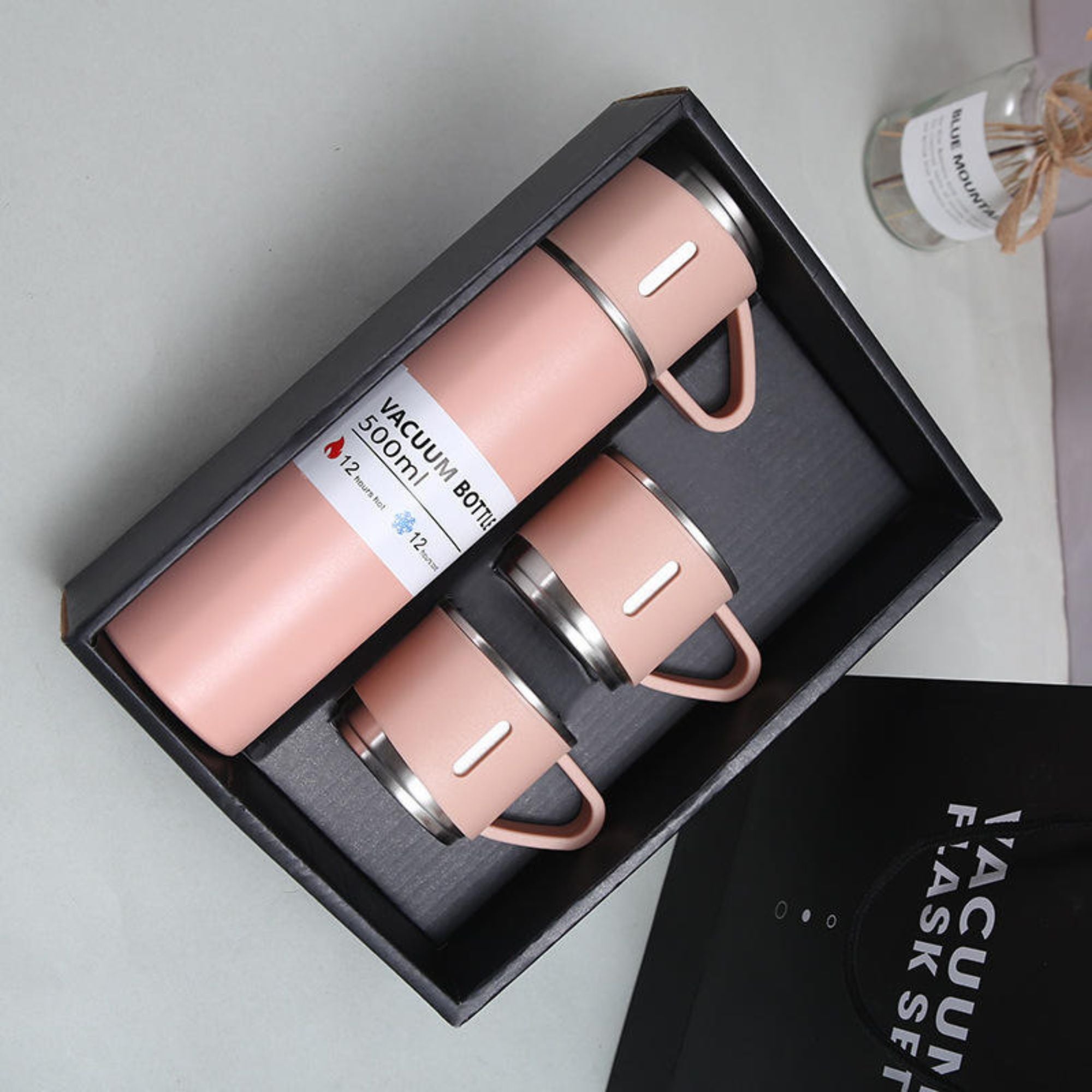 Shayona Stainless Steel Pink Vacuum Flask With 2 Cups Gift Set, For Office