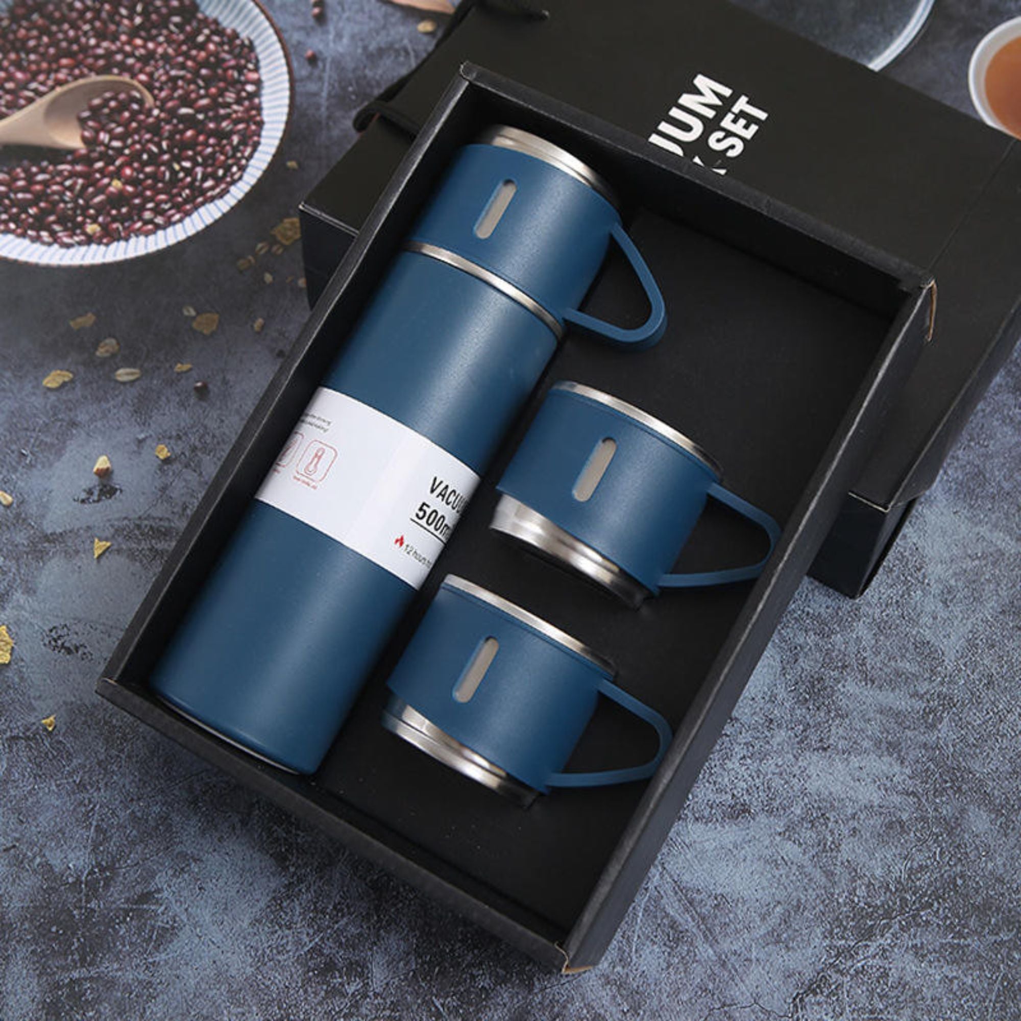 Shayona Stainless Steel Blue Vacuum Flask With 2 Cups Gift Set, For Office