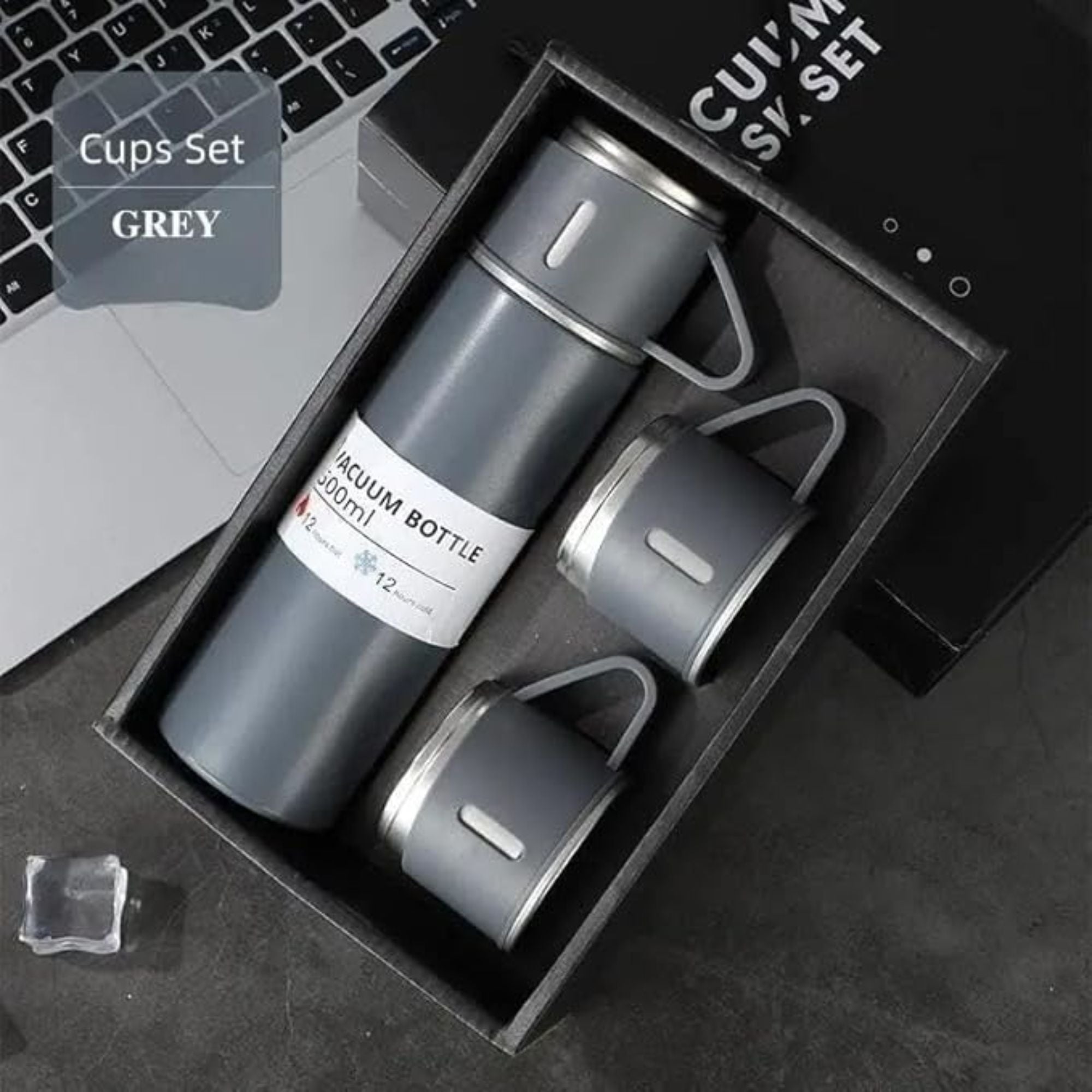 Shayona Stainless Steel Grey Vacuum Flask With 2 Cups Gift Set, For Office