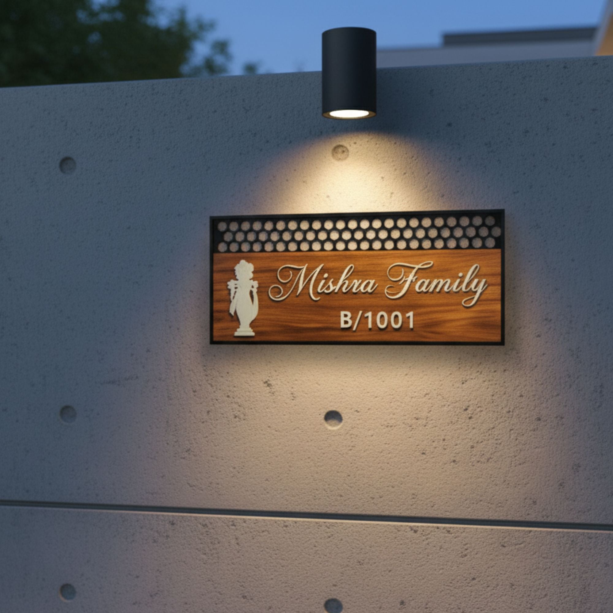 Personalized Wooden Name Plate with krishna Design | Custom Family Name & House Number Board for Home Entrance