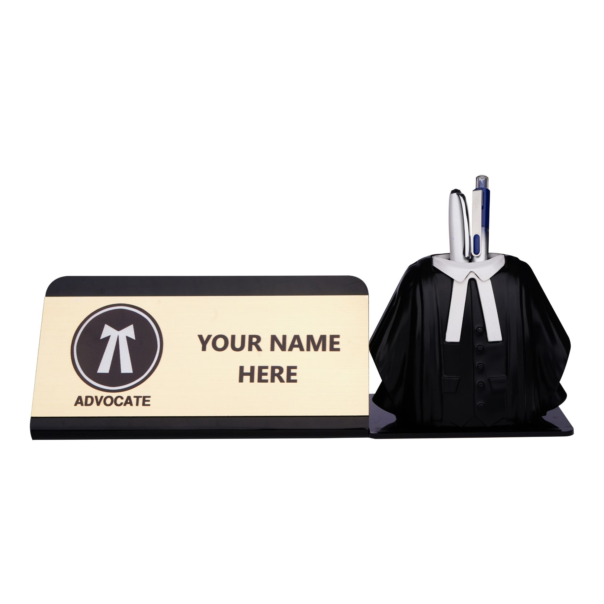 Shayona Personalized Advocate Desk Name Plate with Lawyer Coat Pen Holder black color | Custom Legal Professional Gift | Advocate Office Desk Organizer