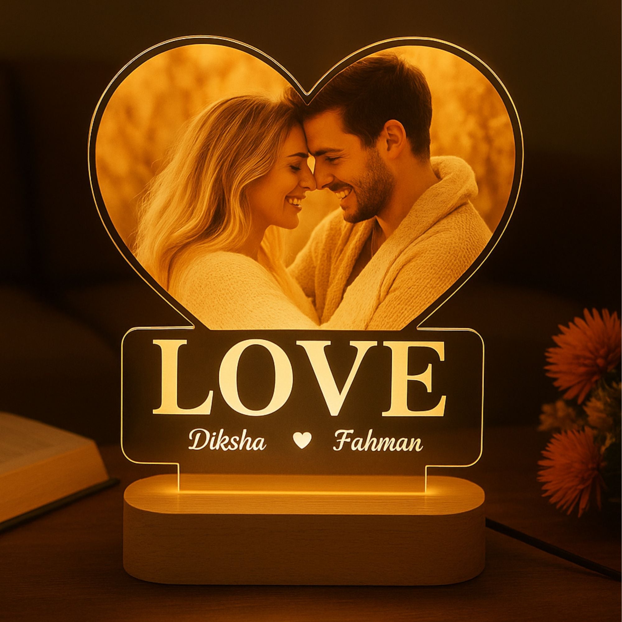 Shayona Personalized Heart-Shaped LED Photo Lamp with Names | Custom Romantic Night Light Gift for Couples | LOVE Acrylic Table Lamp for Anniversary, Birthday, Valentine's Day