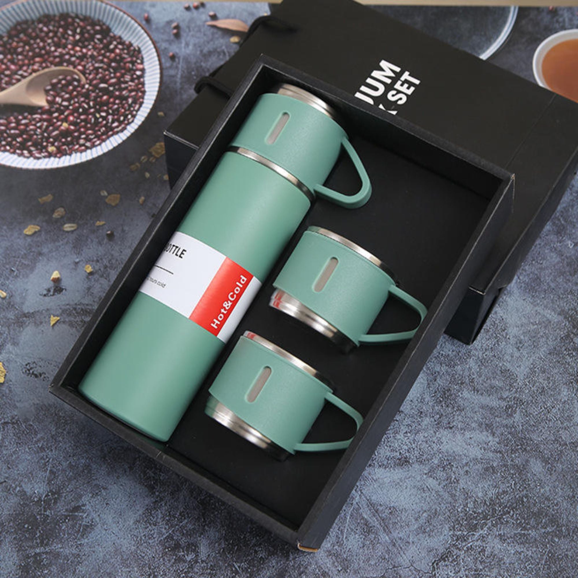 Shayona Stainless Steel Green Vacuum Flask With 2 Cups Gift Set, For Office