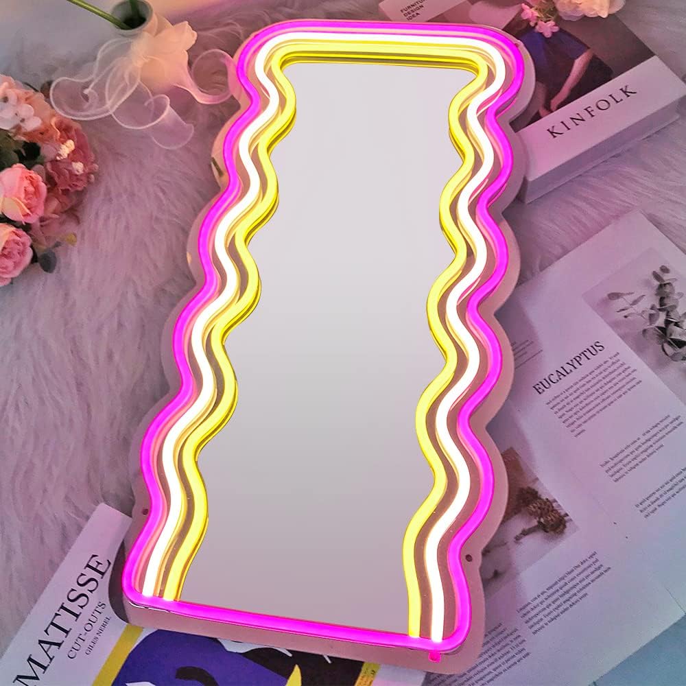 Shayona Mirror Neon Signs for Wall Decor, 21.3"x 10.6" Wall Mounted Irregular Decorative Mirrors with Dimmable Neon Lights as Gifts for Women Girls, Funny Preppy Room Decor and Office Decor