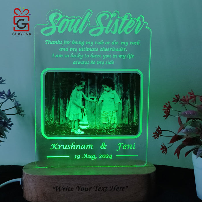 Shayona Soul Sister Personalized 3D Illusion Led Photo Lamp Multicolor with Remote Control Gift for Sister on Rakshabandhan, Rakhi, Birthday, Sisters day and many other special occasions (28*18 CM) (Dear Sister)