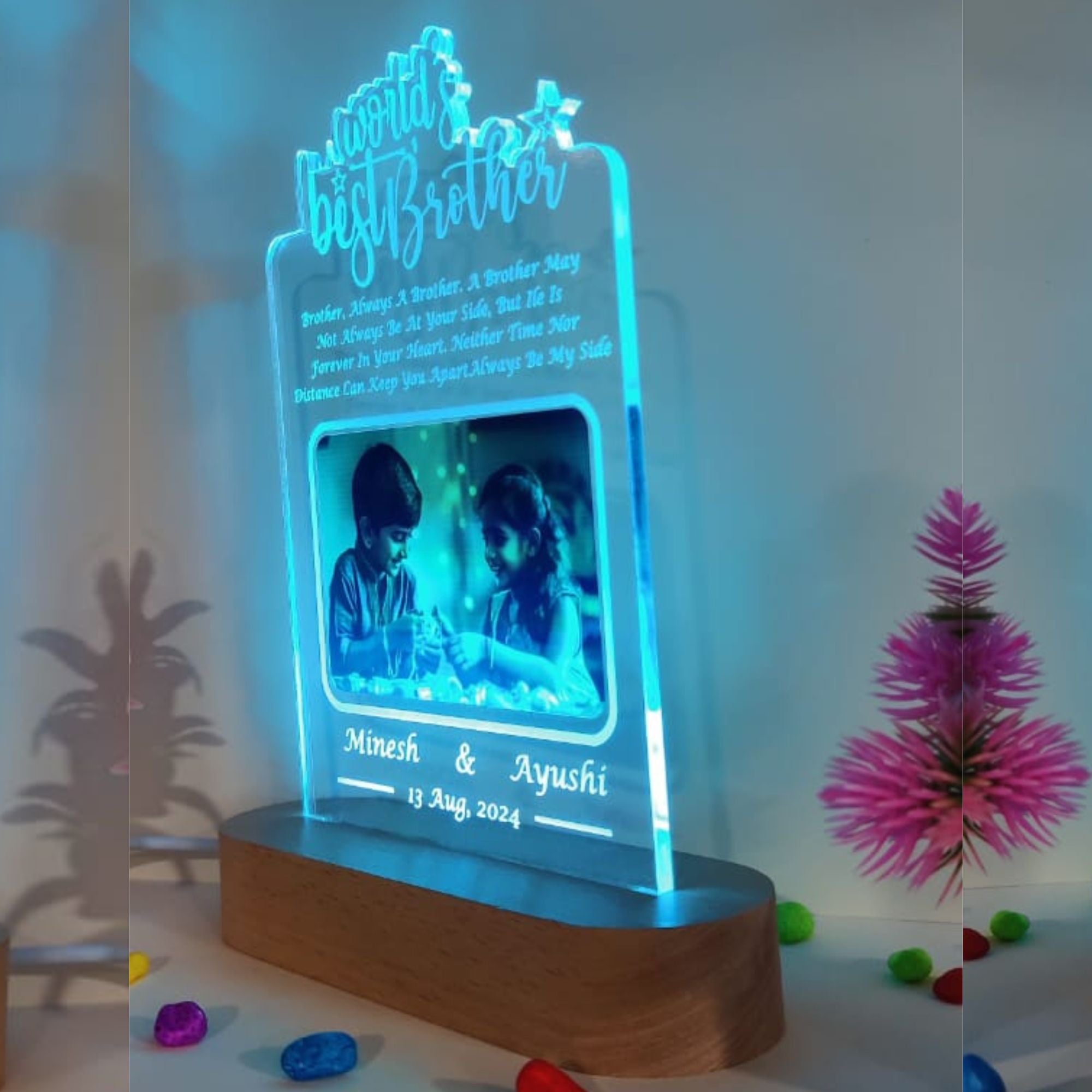 SHAYONA World Best Brother Personalized 3D Illusion LED Table Night Lamp Name Date and UV Print Photo Frame | Gift for Brother Birthday, Wedding,Marriage, Night Lamp- Multicolor with Remote