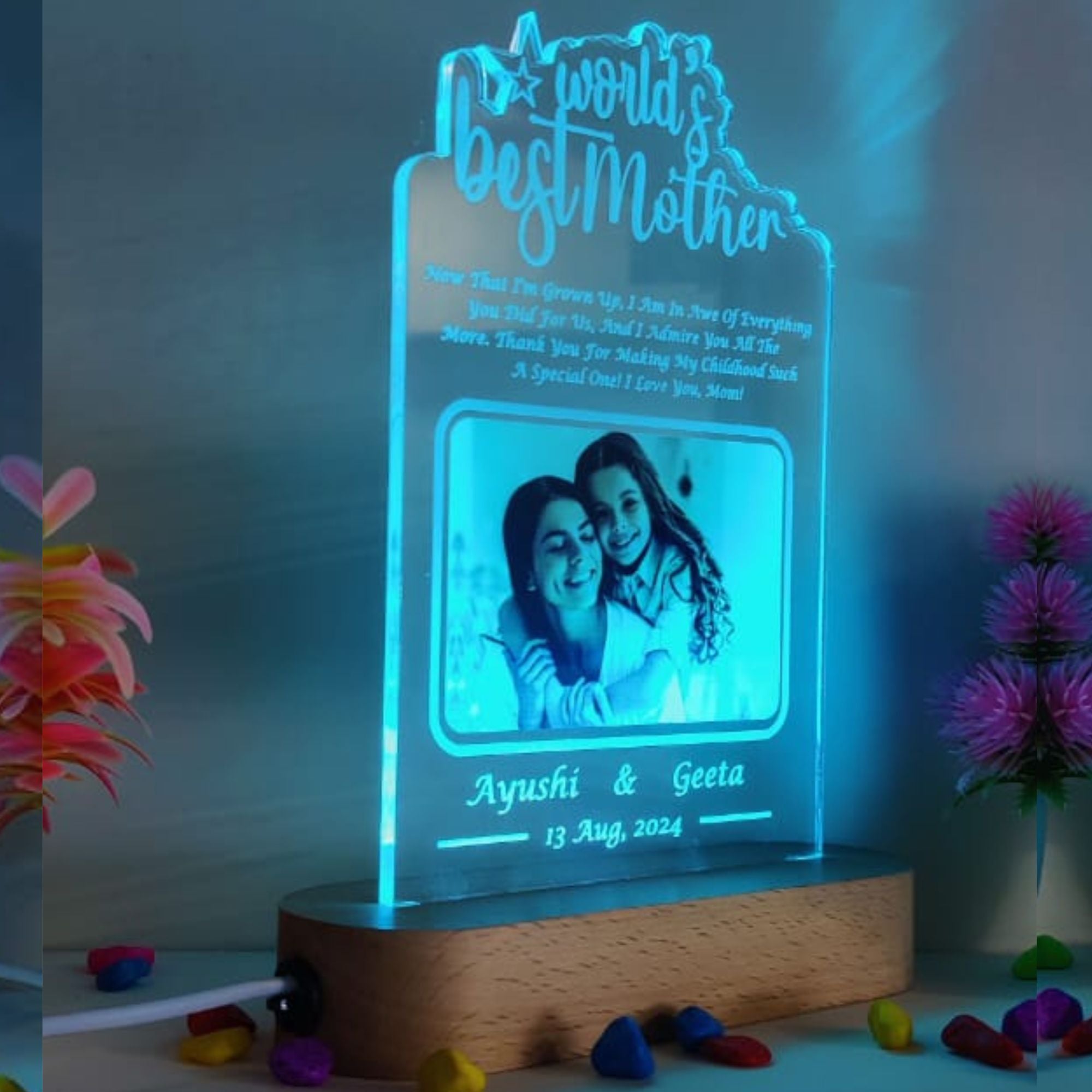 SHAYONA World Best Mother Personalized 3D Illusion LED Table Night Lamp Name Date and UV Print Photo Frame | Gift for Anniversary,Mother Day, Birthday- Multicolor with Remote