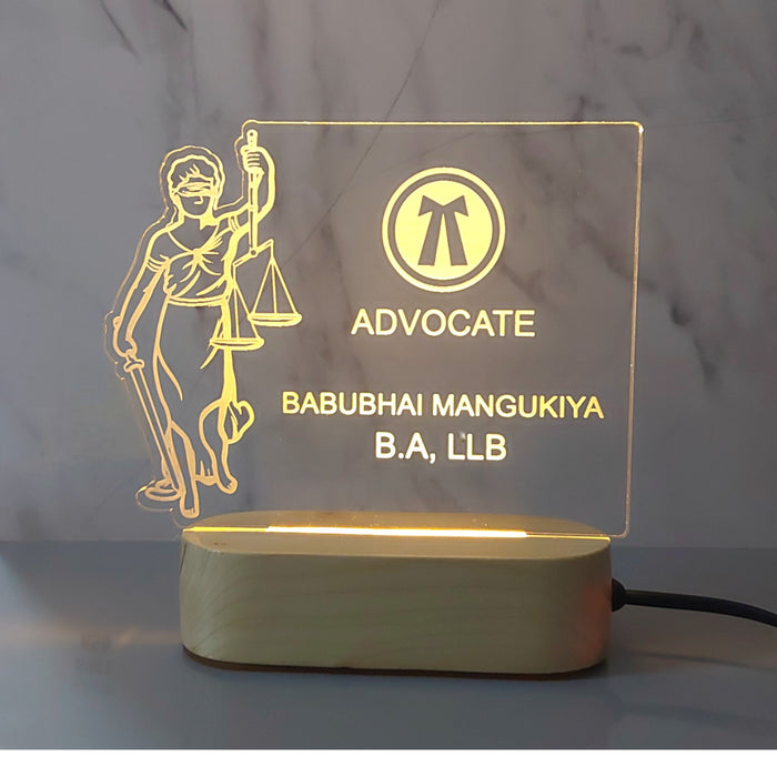 SHAYONA Personalized Advocate Logo with Customized Name and Degree Table Led lamp Gift for Lawyers, Law Students Wooden Base-Gold -22CM