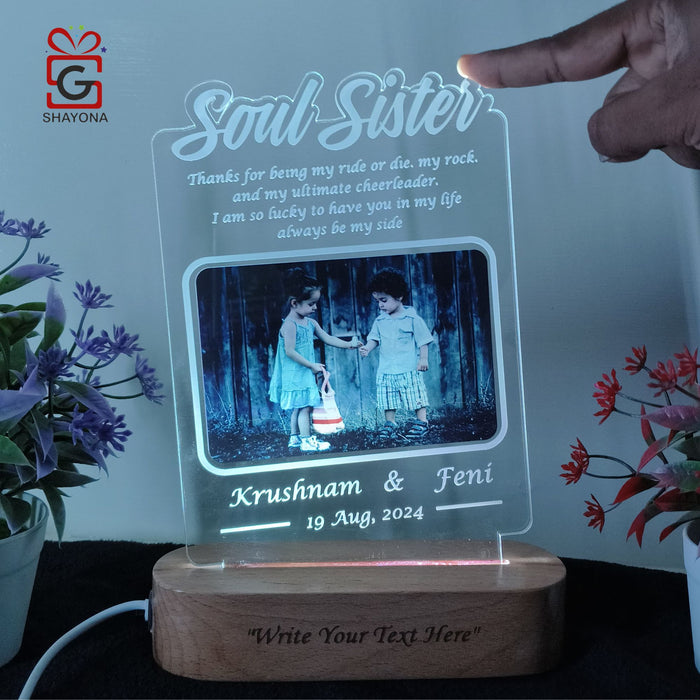 Shayona Soul Sister Personalized 3D Illusion Led Photo Lamp Multicolor with Remote Control Gift for Sister on Rakshabandhan, Rakhi, Birthday, Sisters day and many other special occasions (28*18 CM) (Dear Sister)