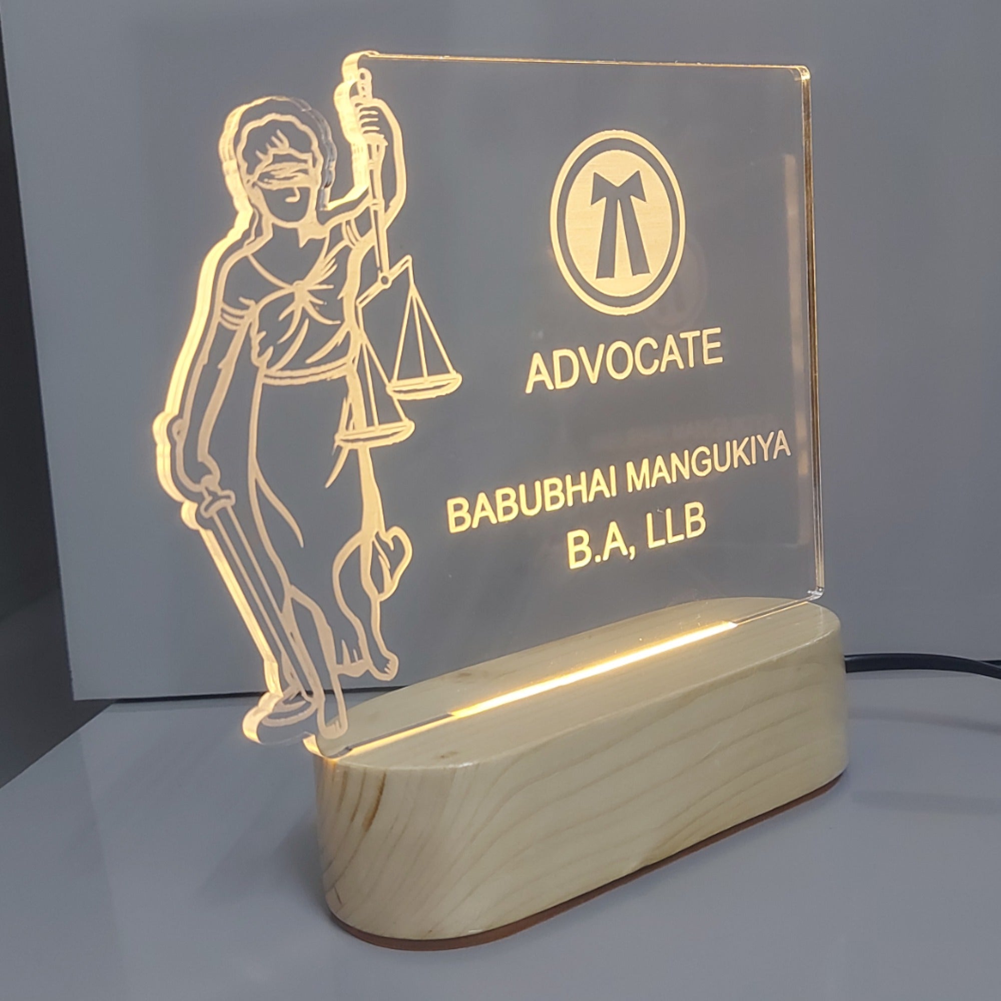 SHAYONA Personalized Led Lamp Customized Advocate Name and Degree Write Desk Table lamp Gift for Lawyers, Law Students Wooden Base-Warm White-22CM