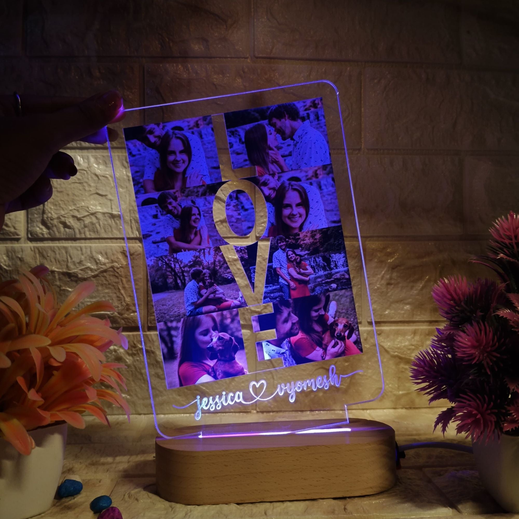 Shayona Personalized LOVE Photo Frame LED Lamp – Custom Couple Name & Photo Display – Romantic Anniversary, Wedding, Valentine’s Day Gift – Acrylic LED Light with Wooden Base